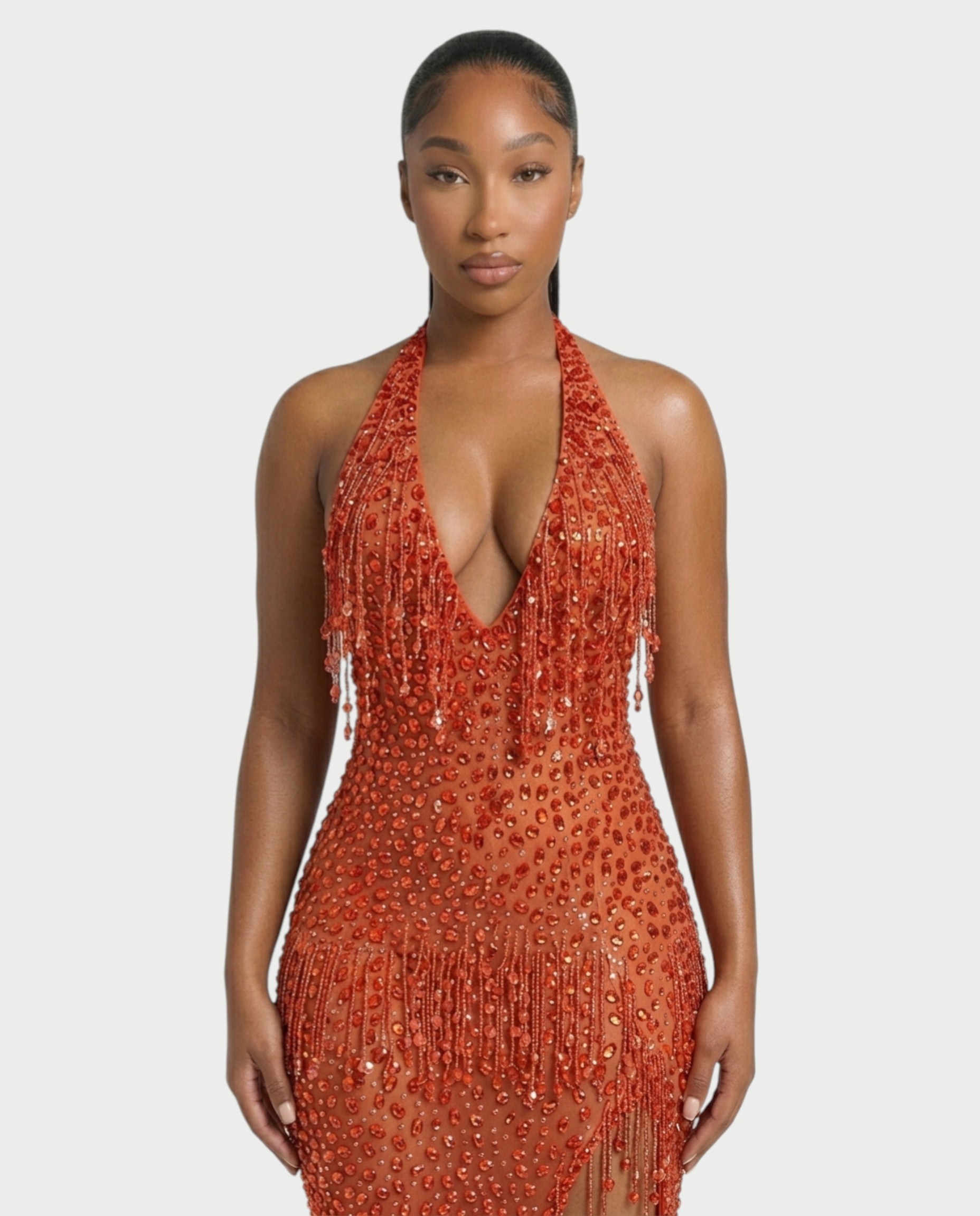 MYRIZ Rhinestone Halter Draped Tassel Maxi Dress