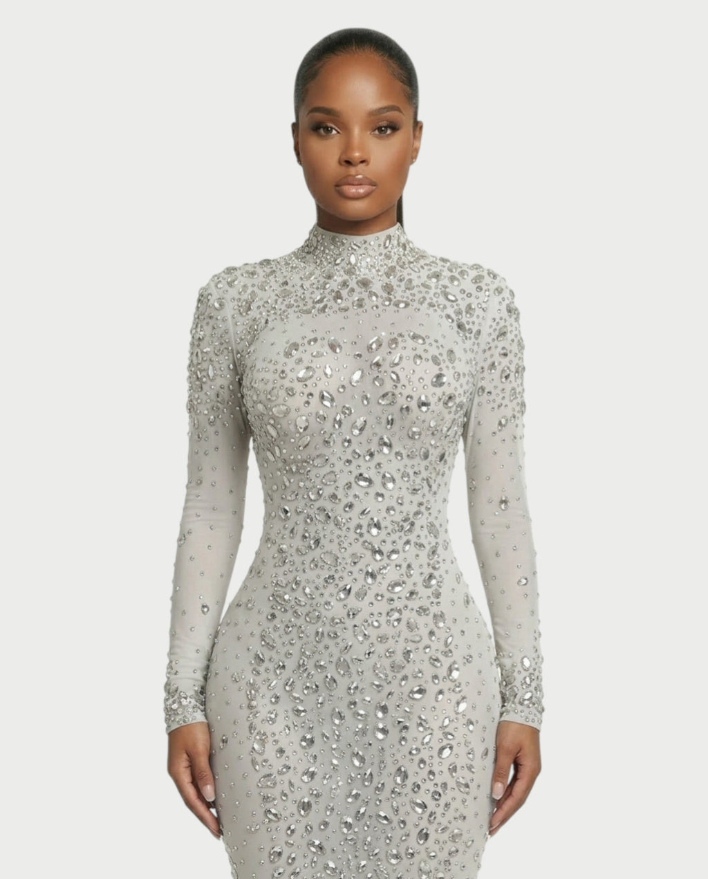 SOSANE Diamond High-Neck Feather Mermaid Maxi Dress