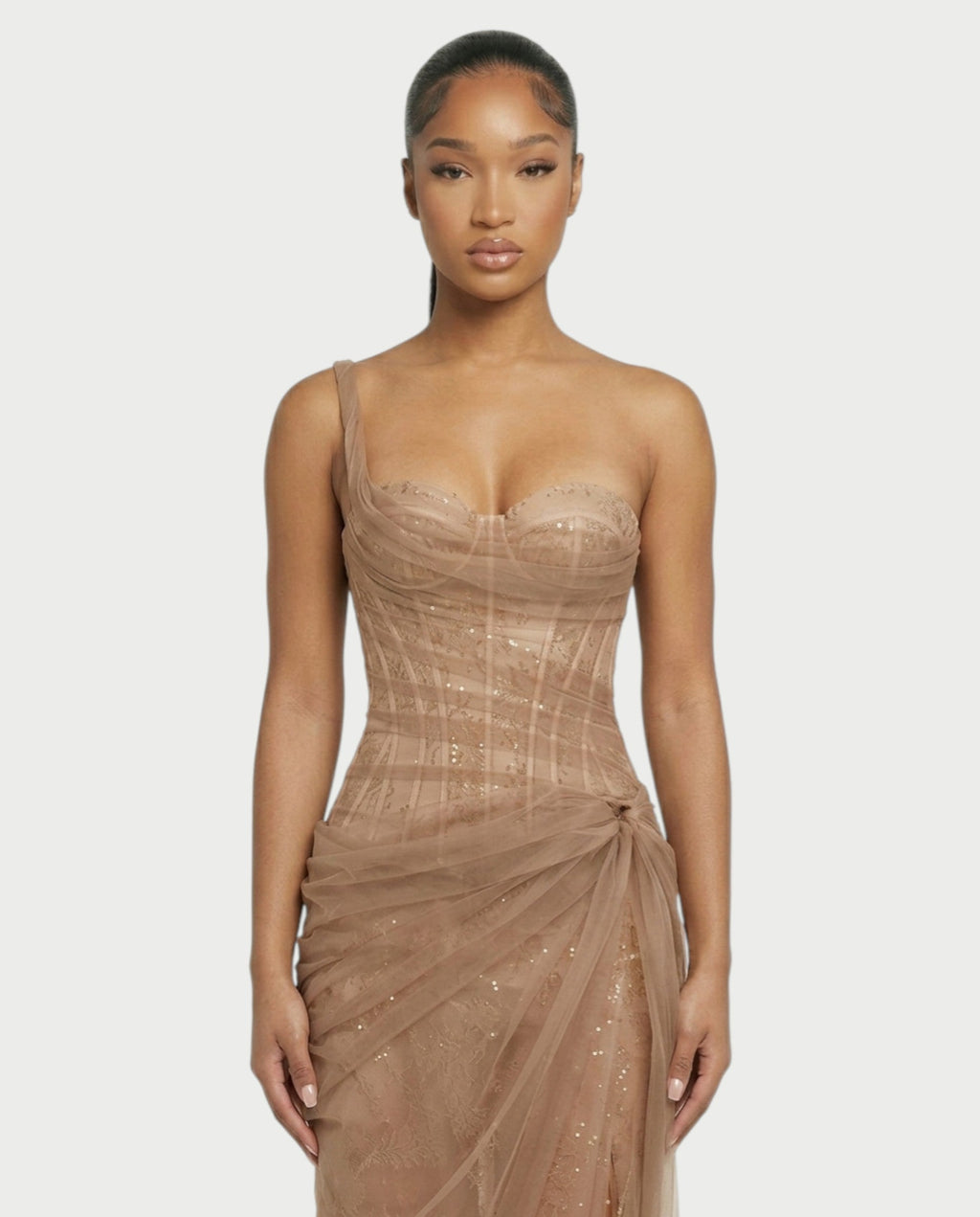 RINA One-Shoulder Lace Corset Maxi Dress