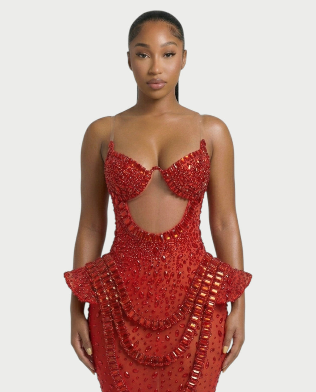 VREYS Crystal Studded Sheer Maxi Dress