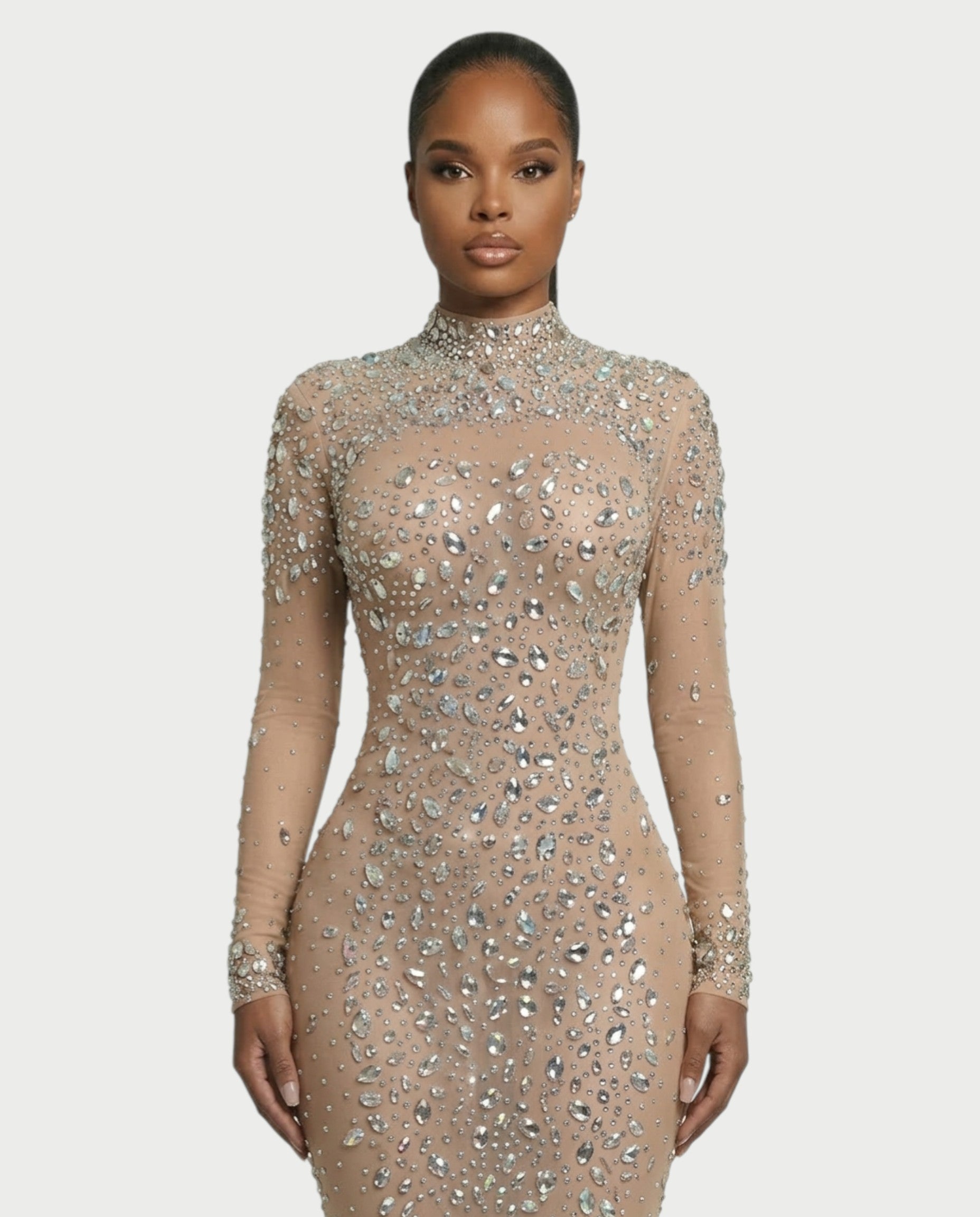 SOSANE Diamond High-Neck Feather Mermaid Maxi Dress