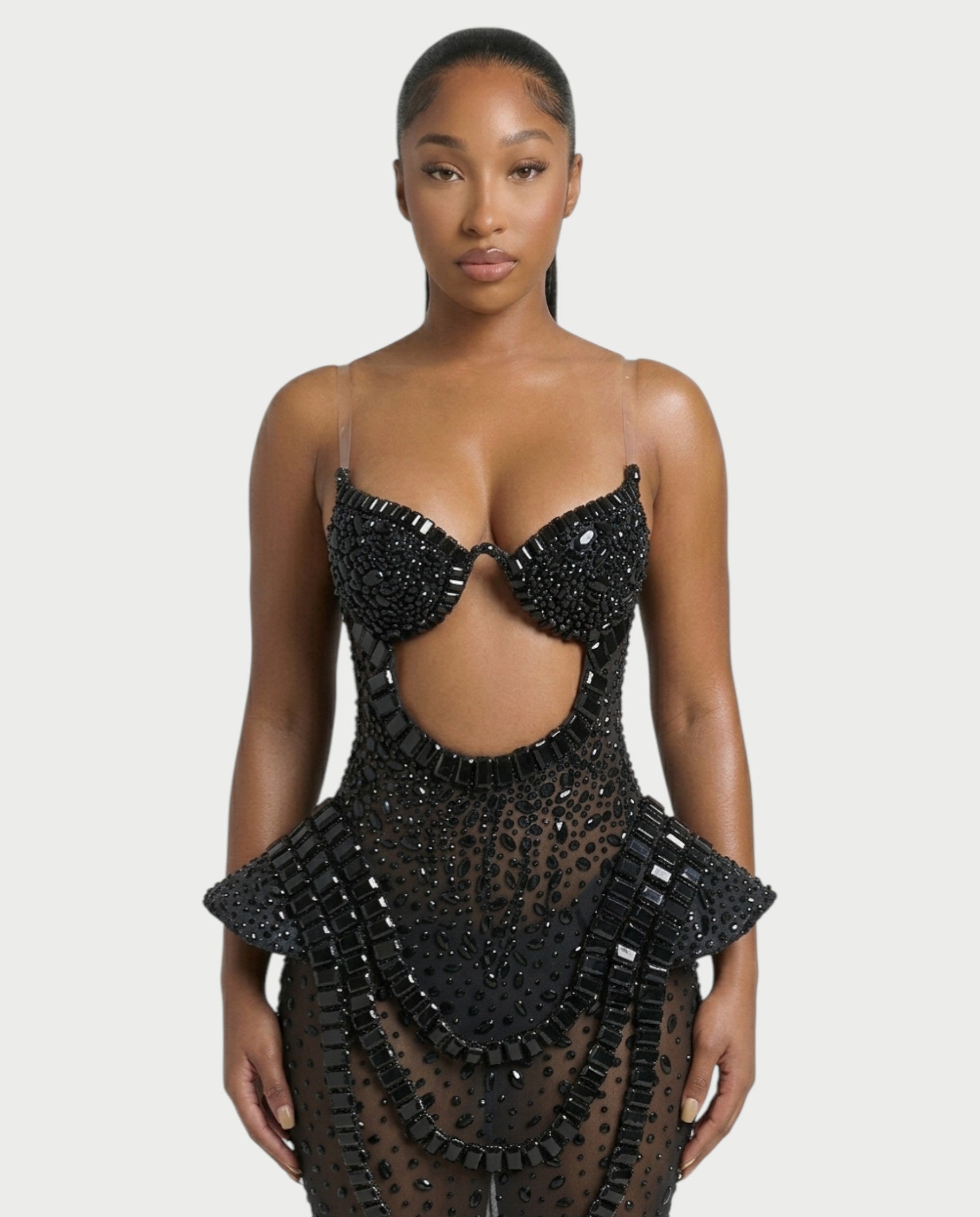 VREYS Crystal Studded Sheer Maxi Dress