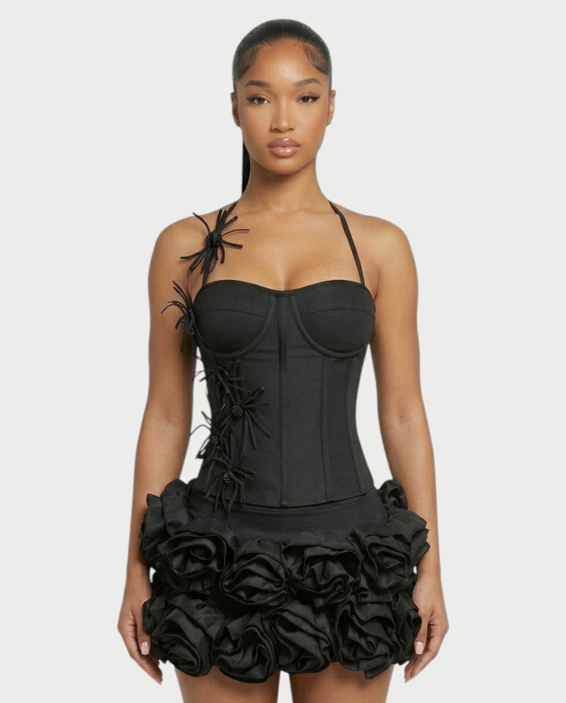 STUCY Floral Appliqué Corset & Mini Skirt Set