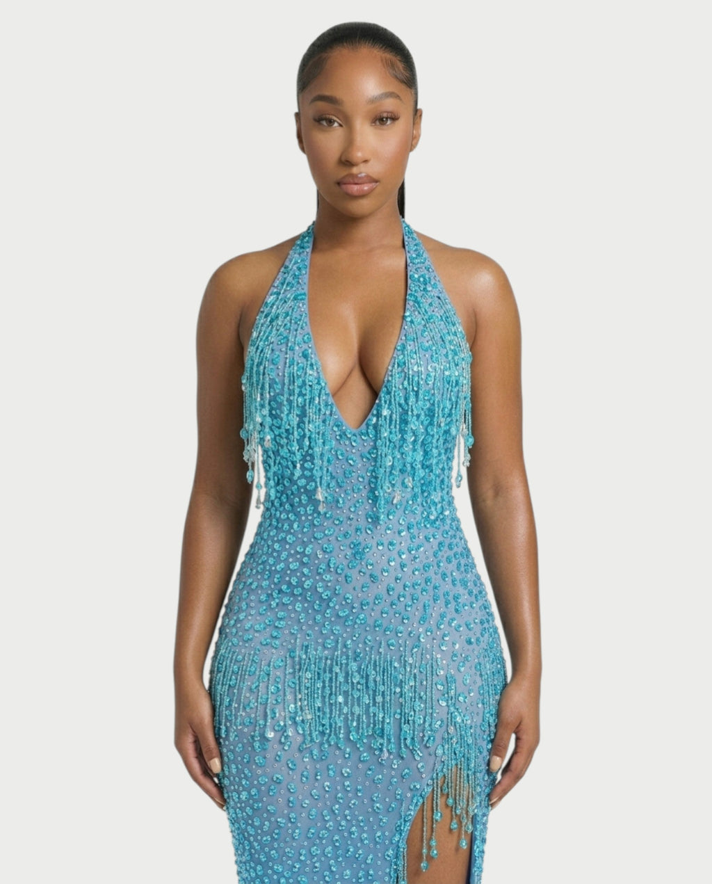 MYRIZ Rhinestone Halter Draped Tassel Maxi Dress