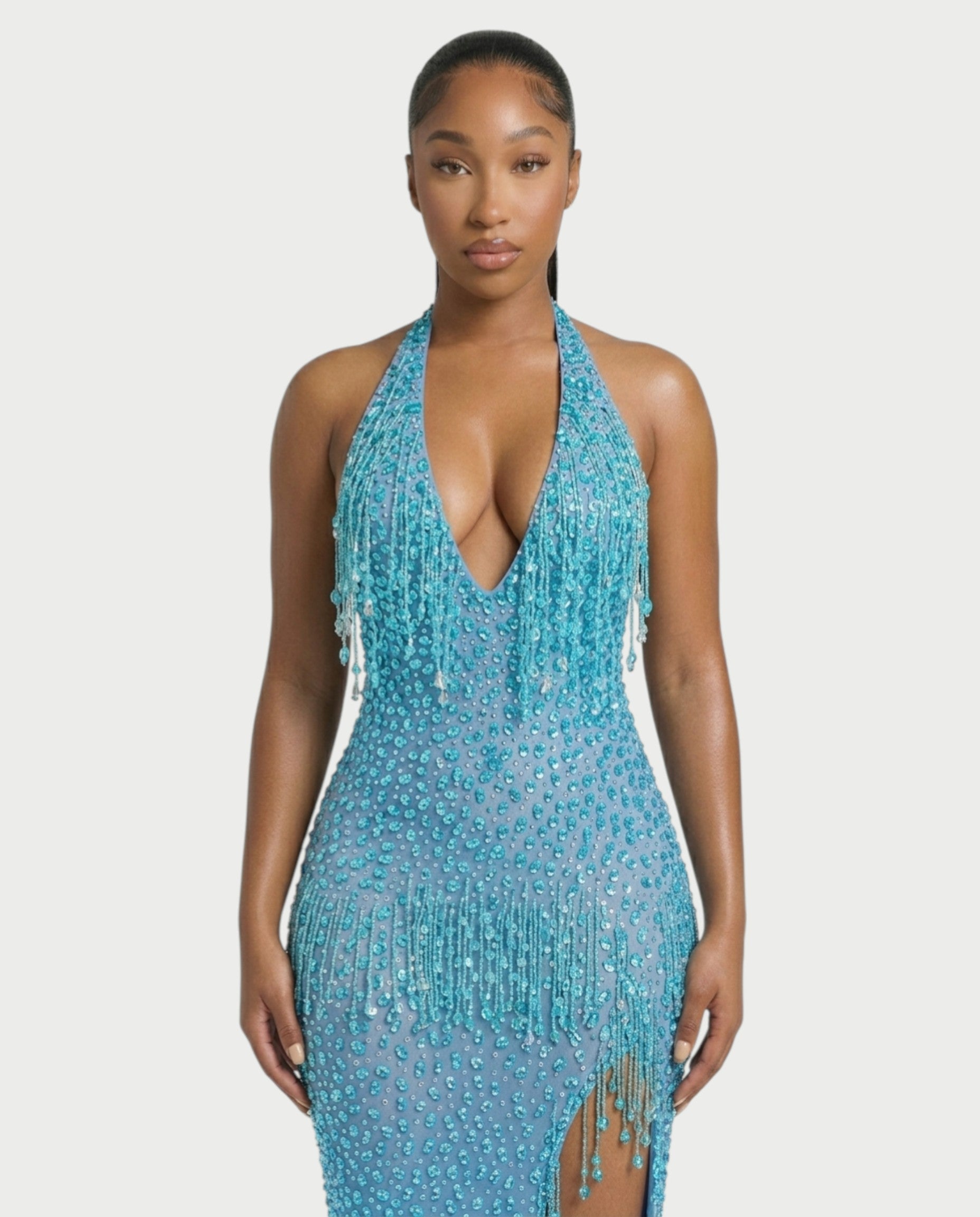 MYRIZ Rhinestone Halter Draped Tassel Maxi Dress