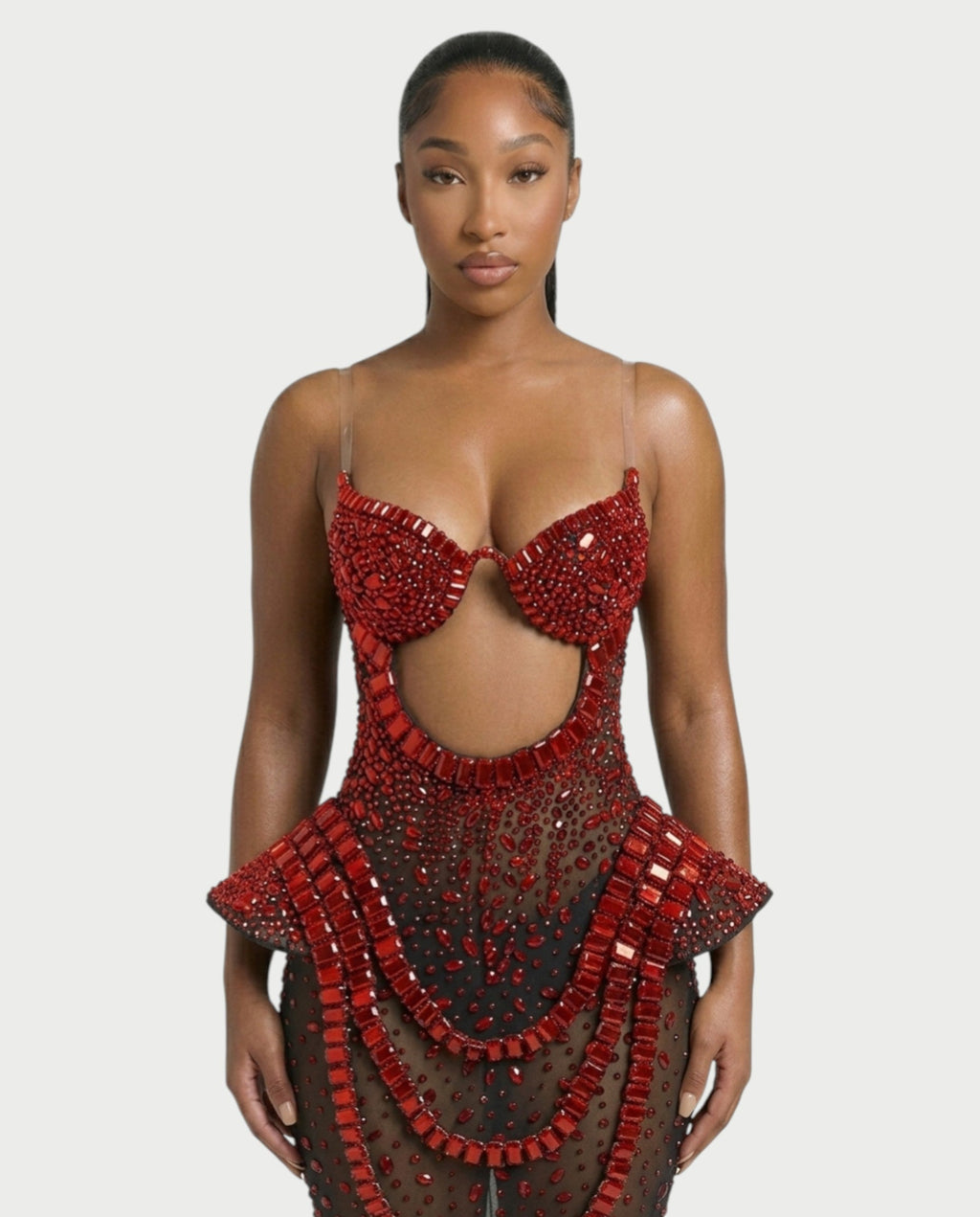 VREYS Crystal Studded Sheer Maxi Dress