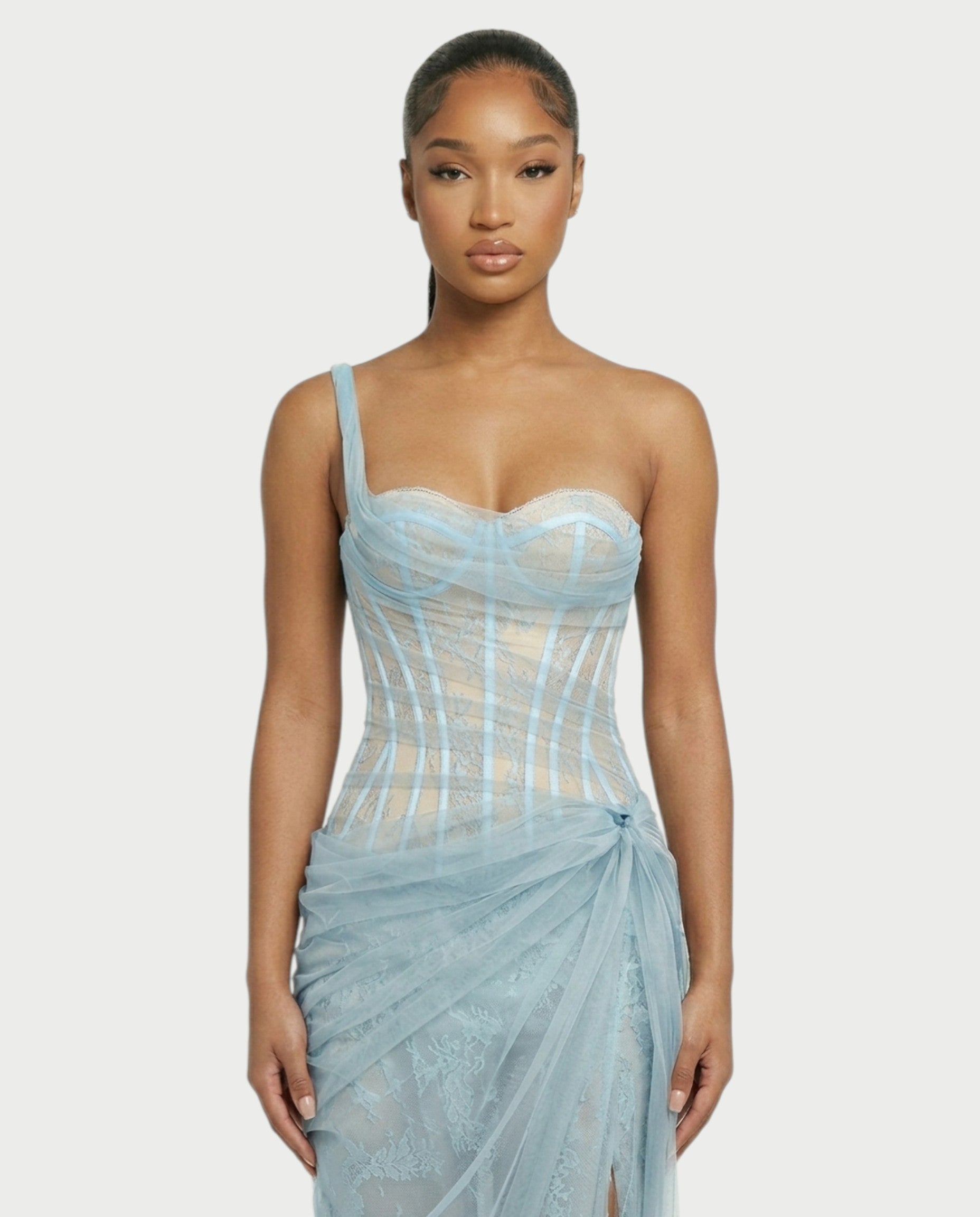 RINA One-Shoulder Lace Corset Maxi Dress