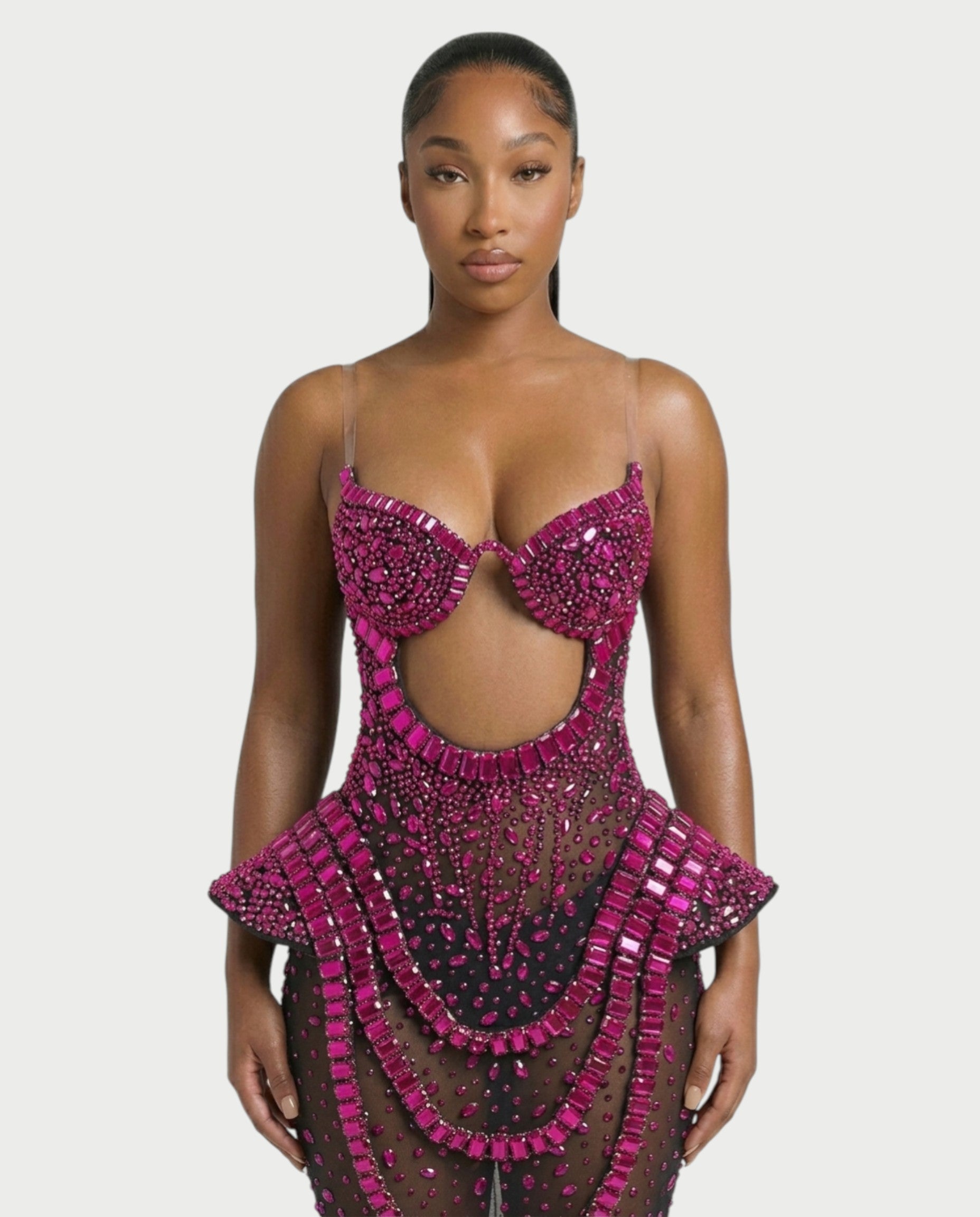 VREYS Crystal Studded Sheer Maxi Dress