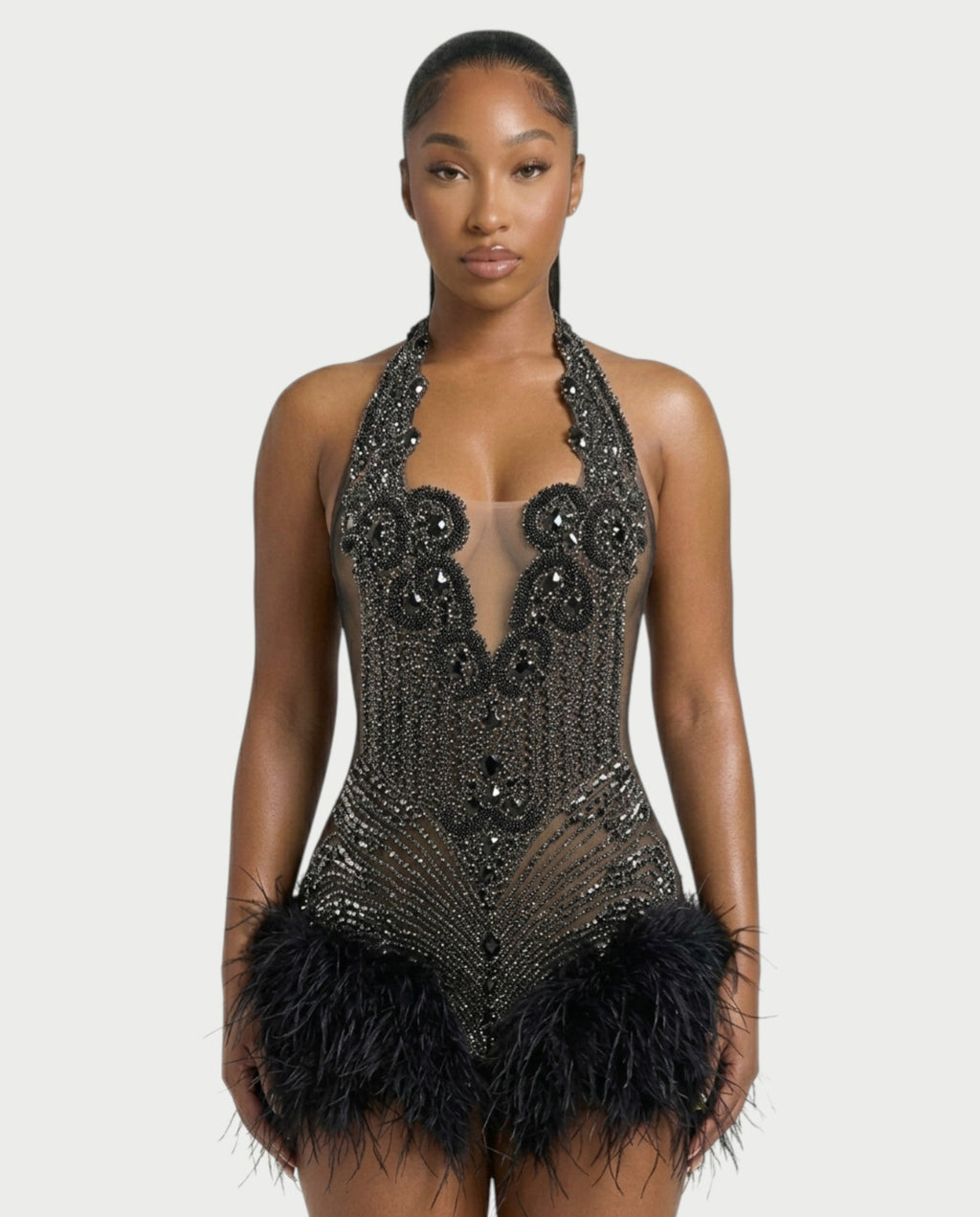 MIRAL Feather Trim Rhinestone Halter Mini Dress