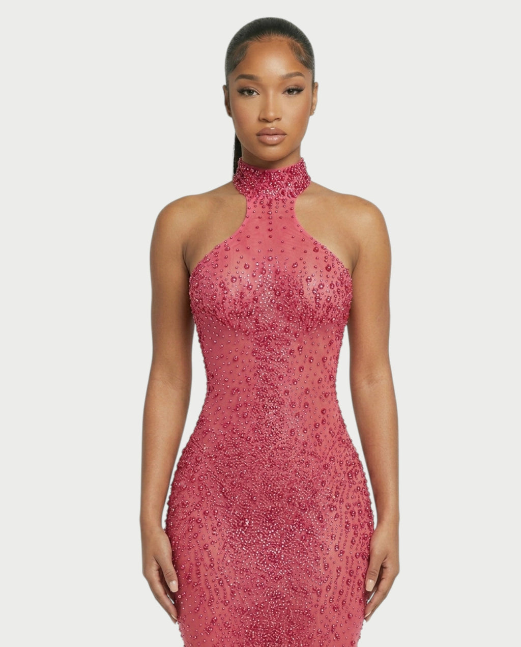 FUERA Rhinestone Mesh Bodycon Maxi Dress