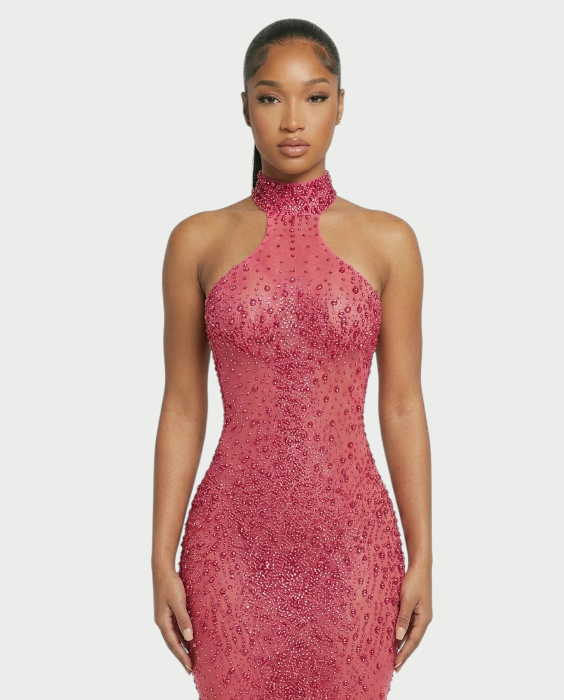 FUERA Rhinestone Mesh Bodycon Maxi Dress