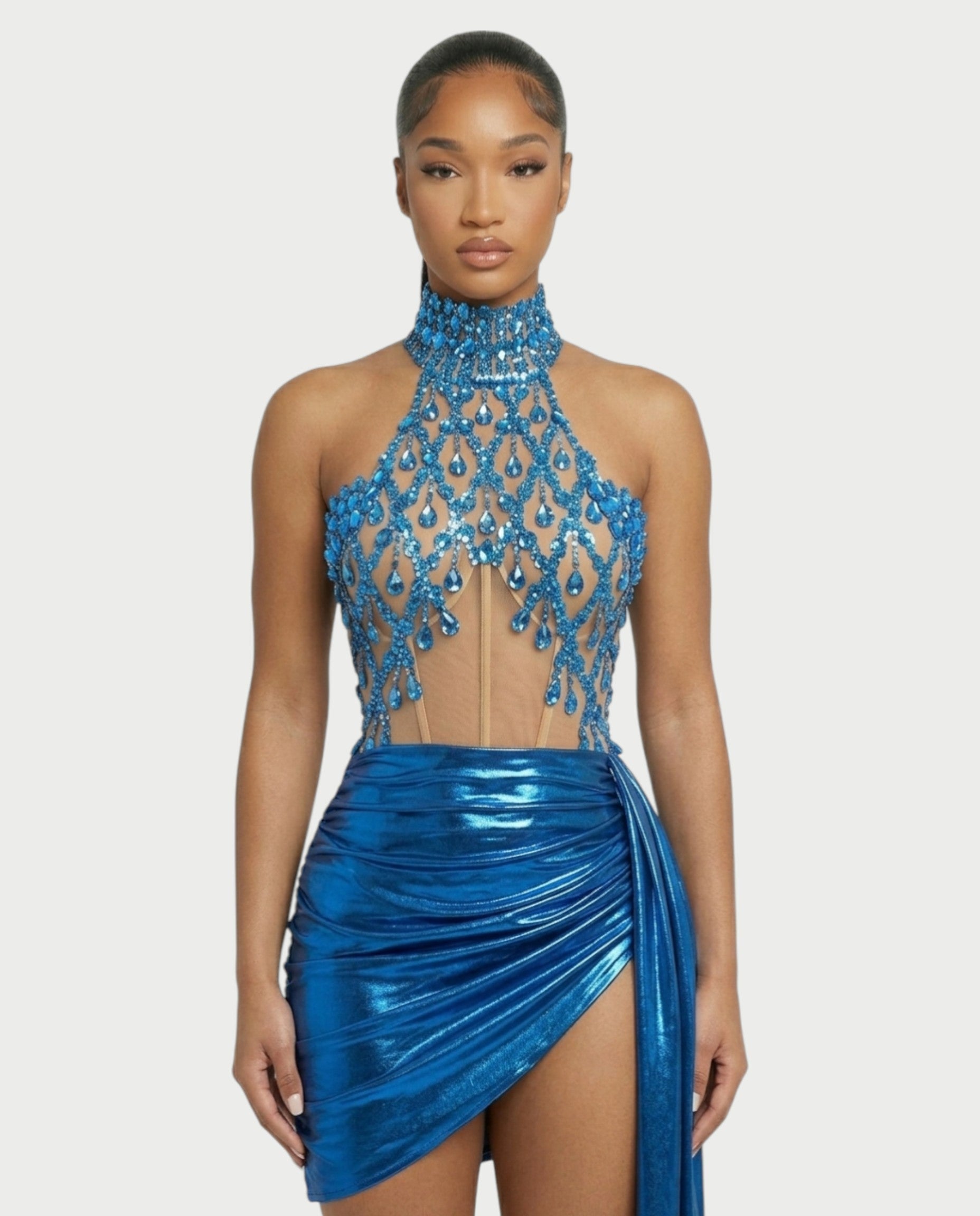 KRISTINE Crystal Embellished High Neck Mini Dress