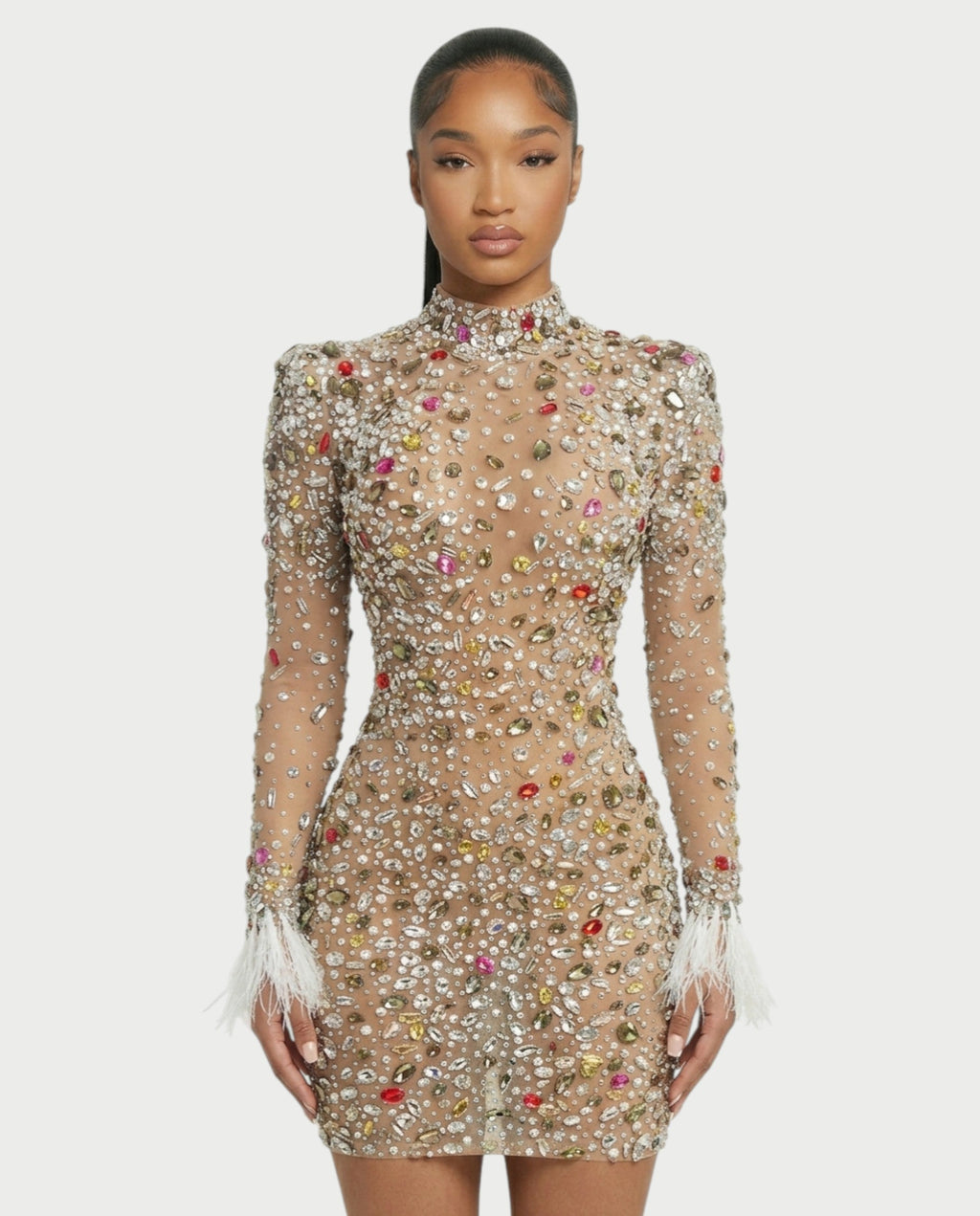 DIMERY Jeweled Feather Cuffs Mesh Mini Dress