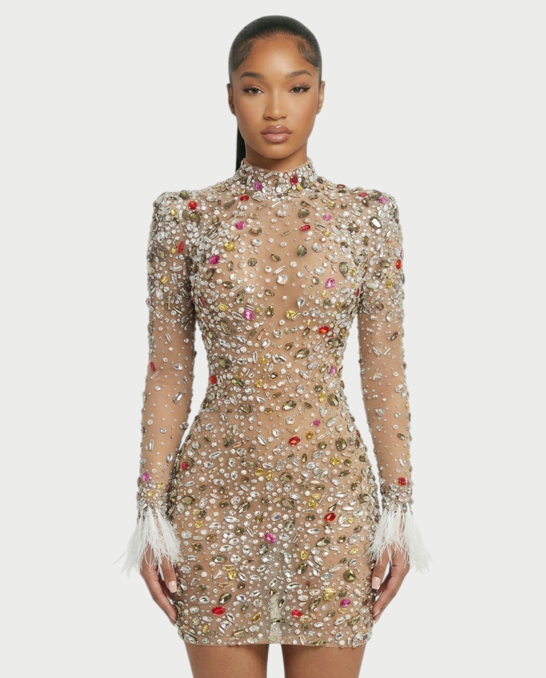 DIMERY Jeweled Feather Cuffs Mesh Mini Dress