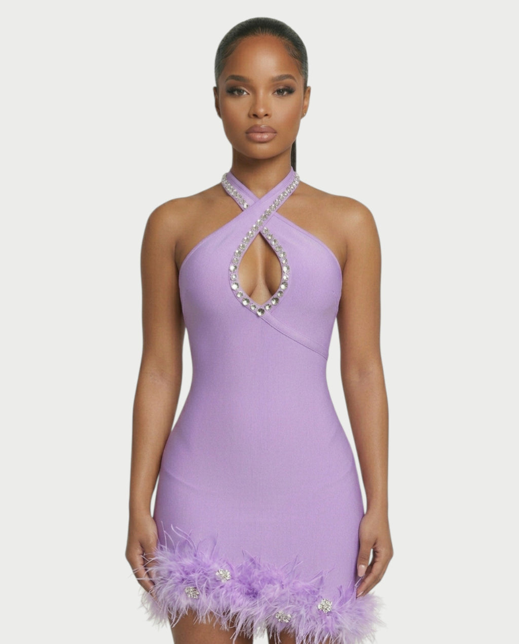 QUENCY Crystal Halter Feather Trim Mini Dress