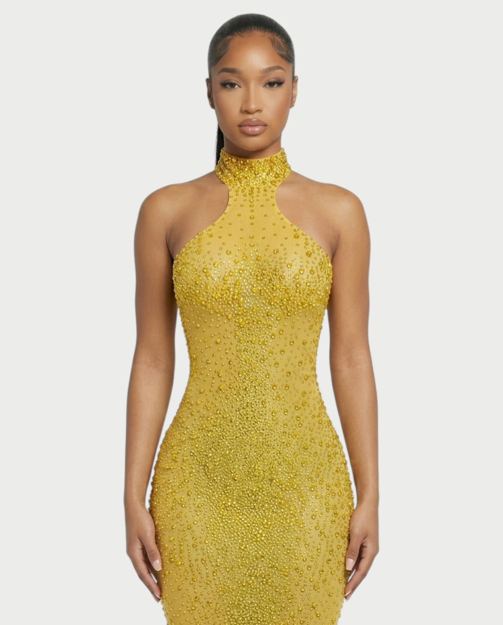 FUERA Rhinestone Mesh Bodycon Maxi Dress