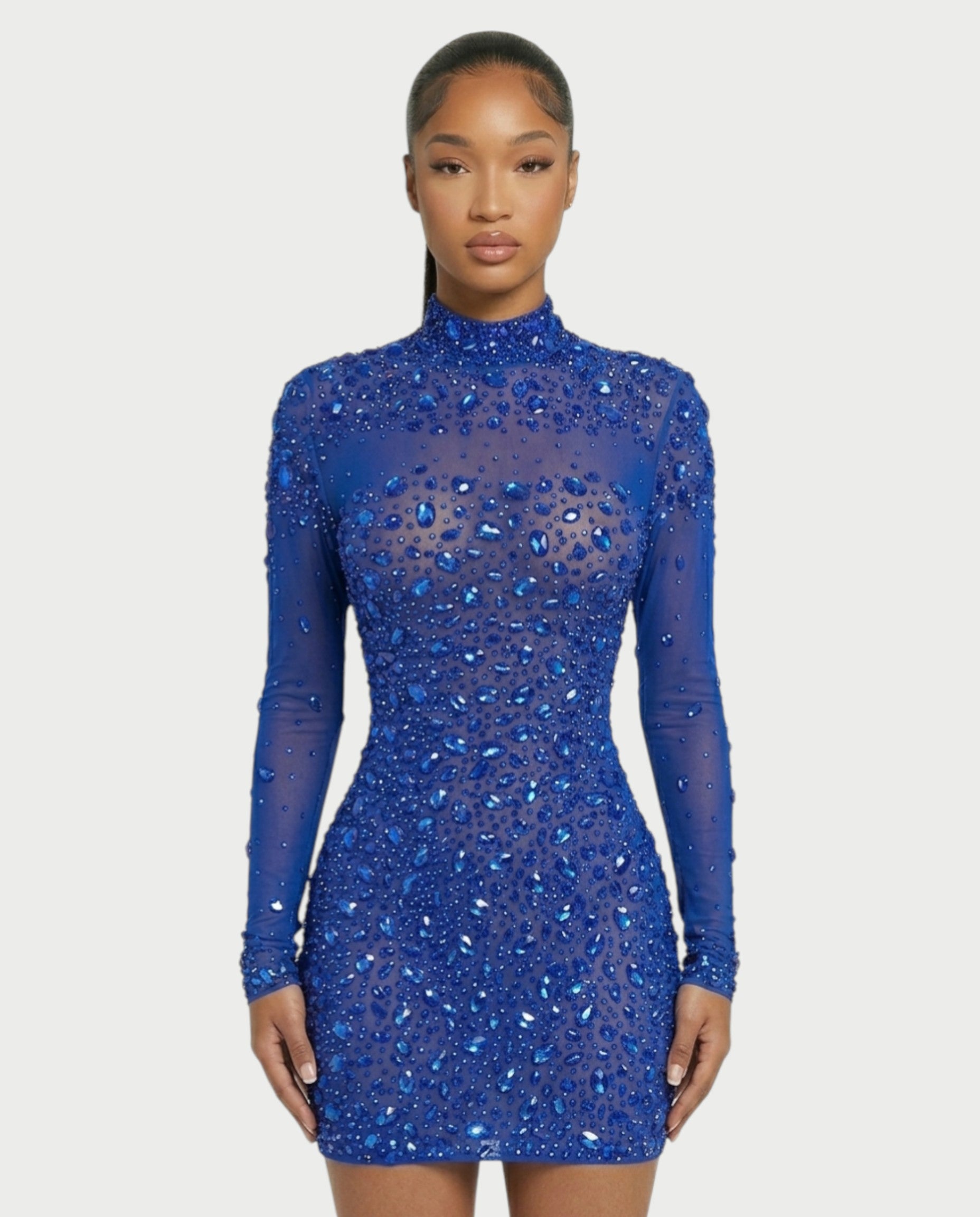 ROLANE Sheer Mesh Rhinestone Embellished Bodycon Mini Dress