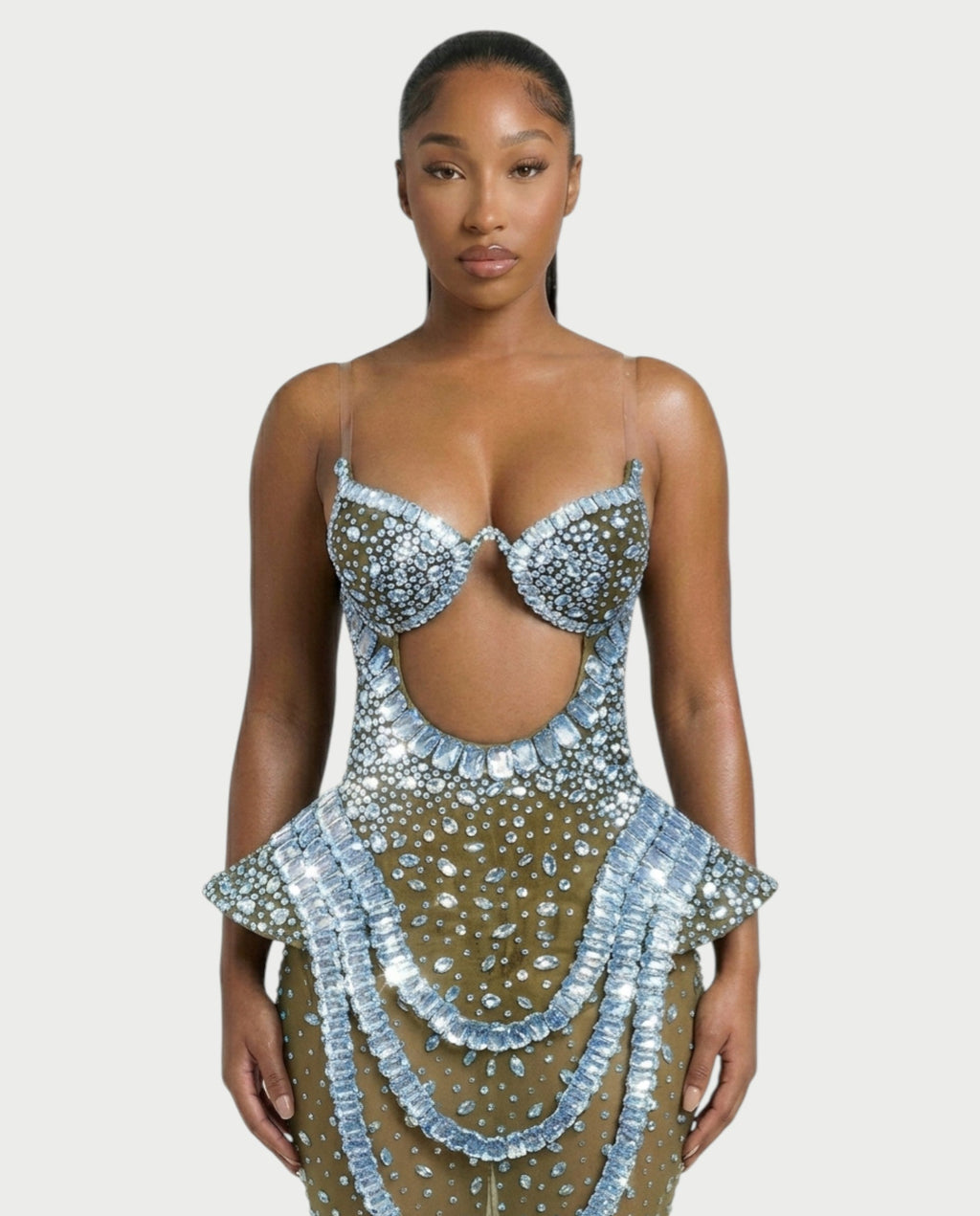 VREYS Crystal Studded Sheer Maxi Dress