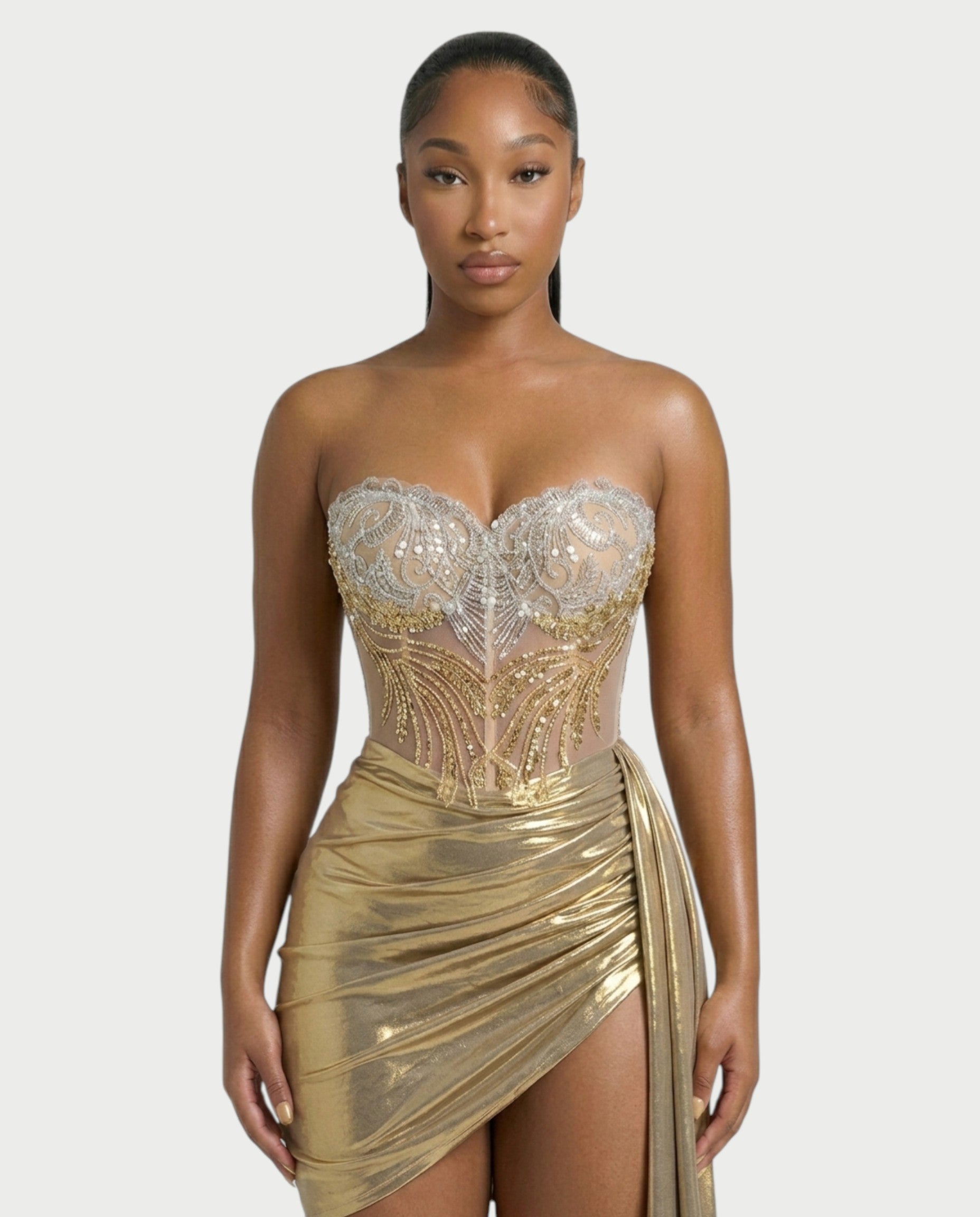 VIONE Strapless Embroidered Corset Mini Dress