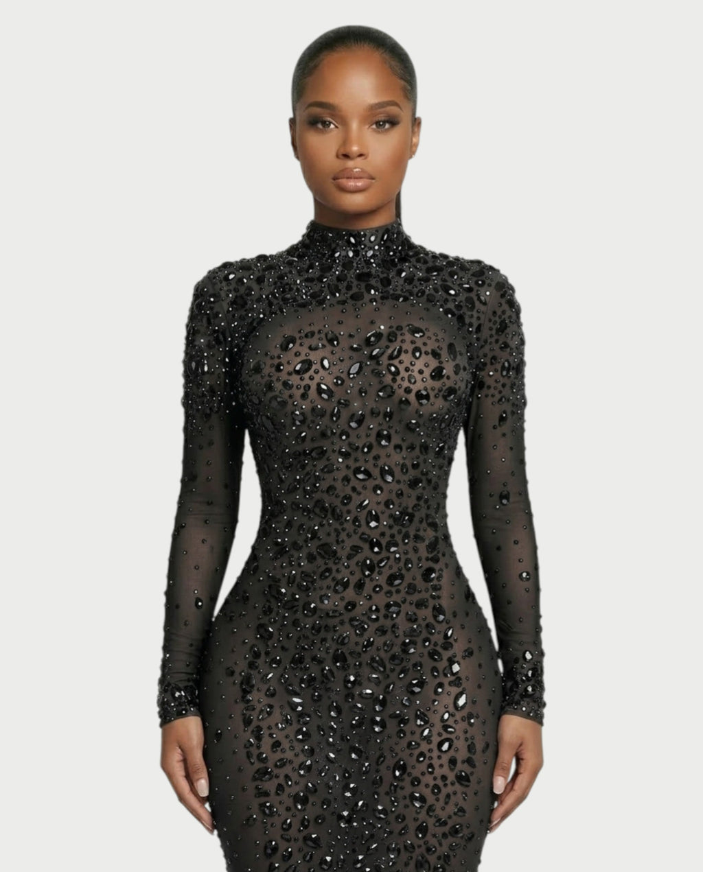 SOSANE Diamond High-Neck Feather Mermaid Maxi Dress