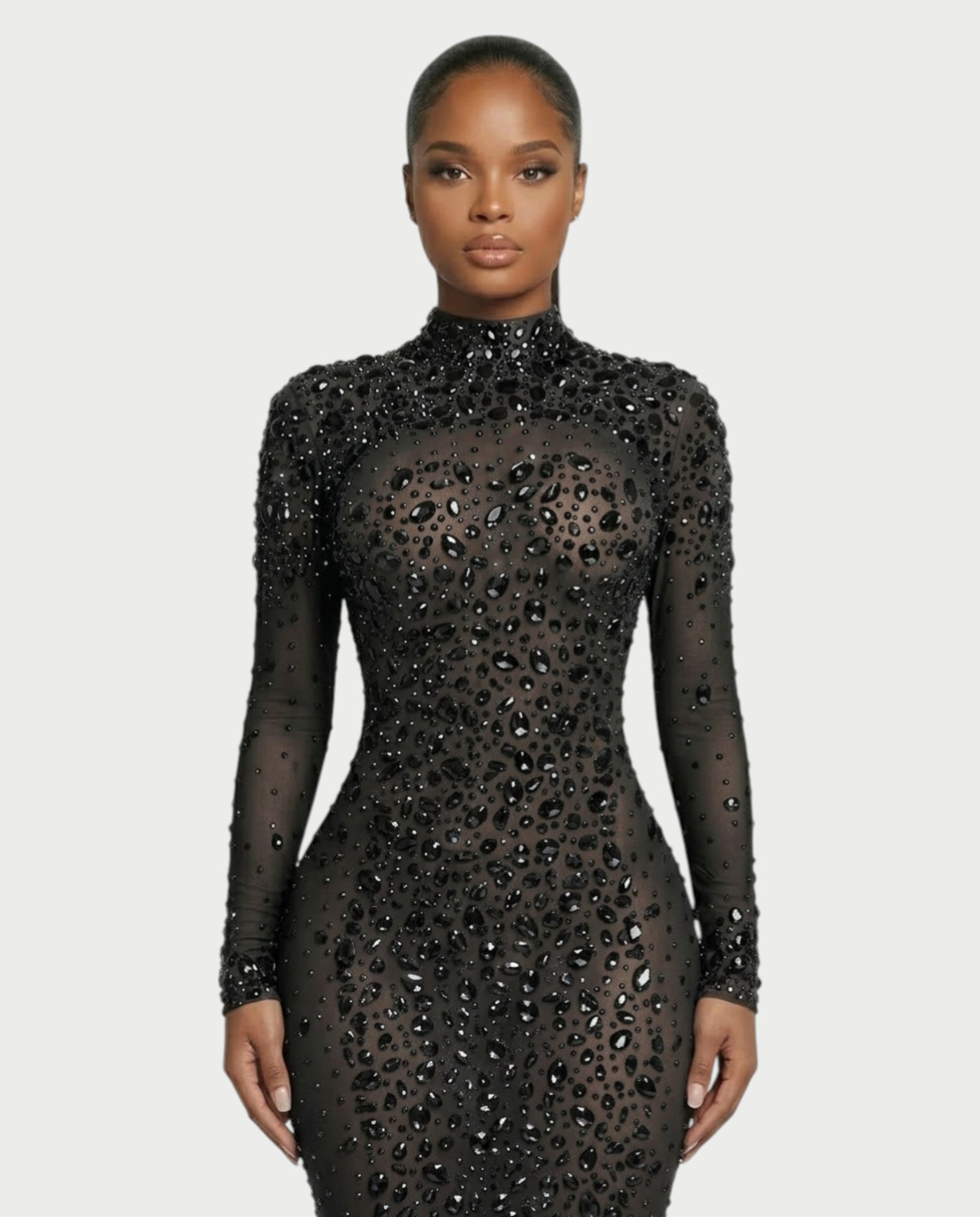 SOSANE Diamond High-Neck Feather Mermaid Maxi Dress