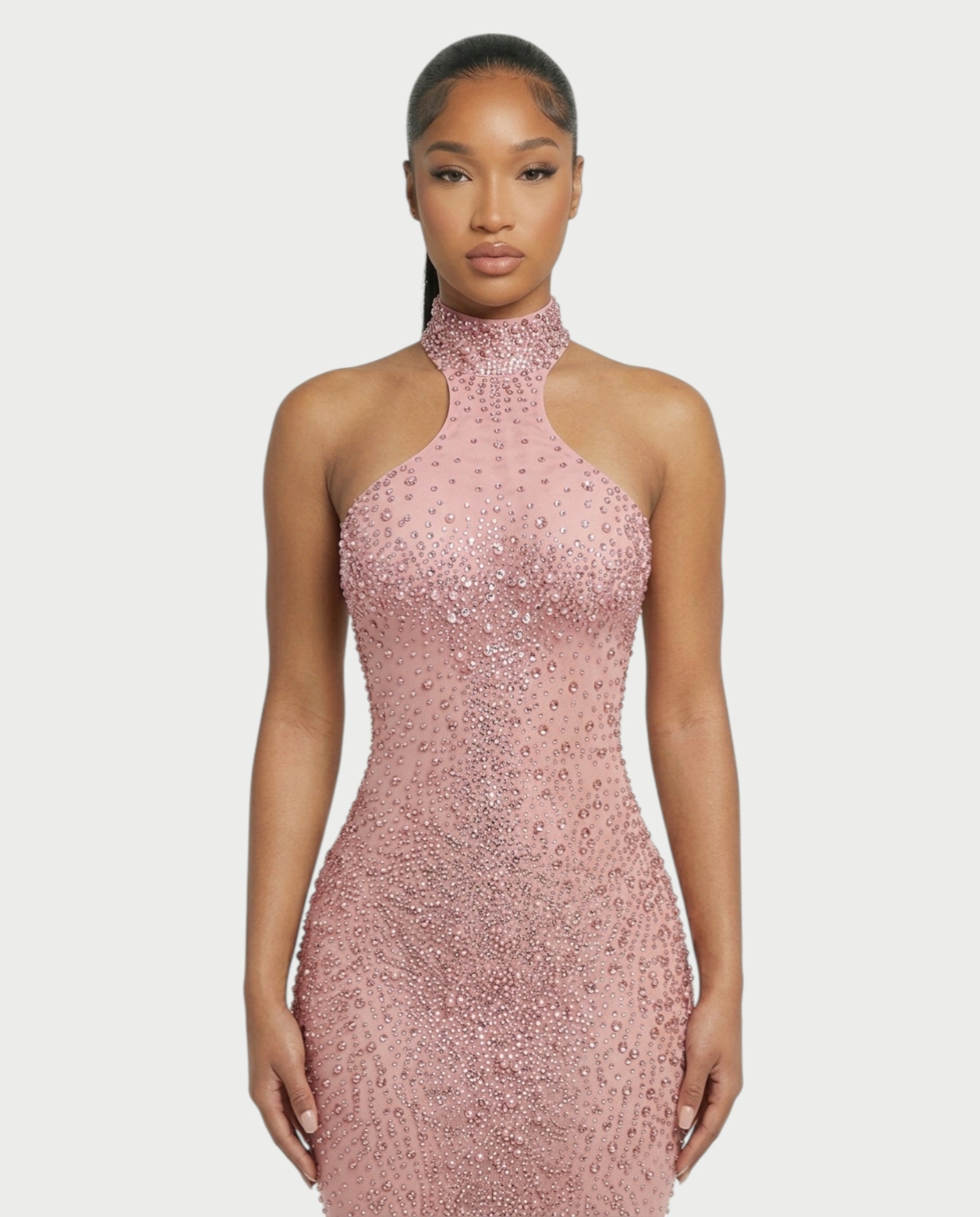 FUERA Rhinestone Mesh Bodycon Maxi Dress
