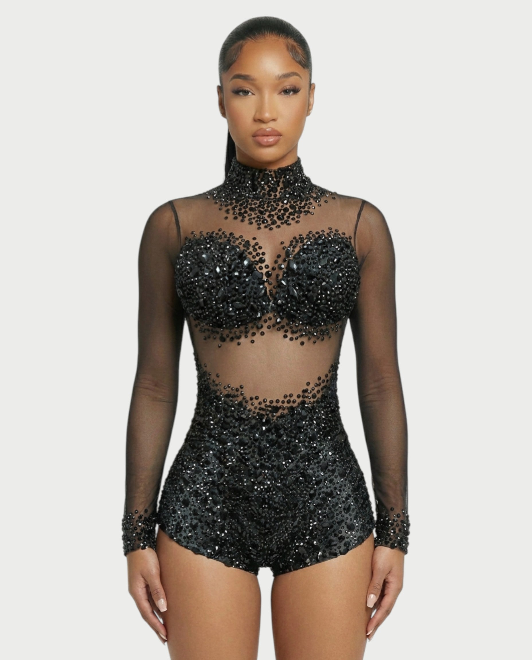 PERSY High-Neck Embellished Mesh Romper