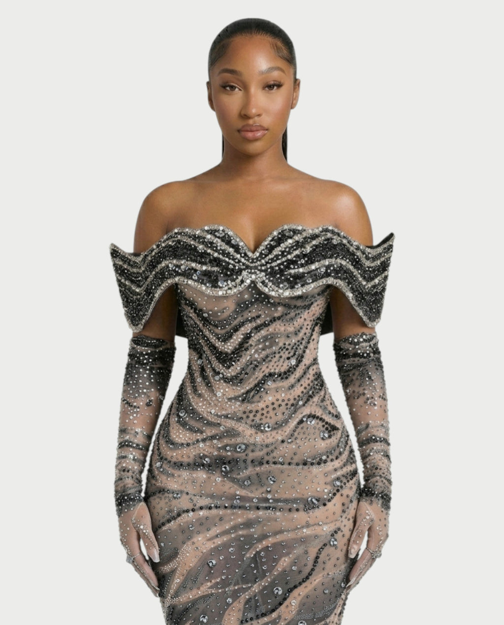 NELKA Rhinestone Off-Shoulder Mesh Maxi Dress