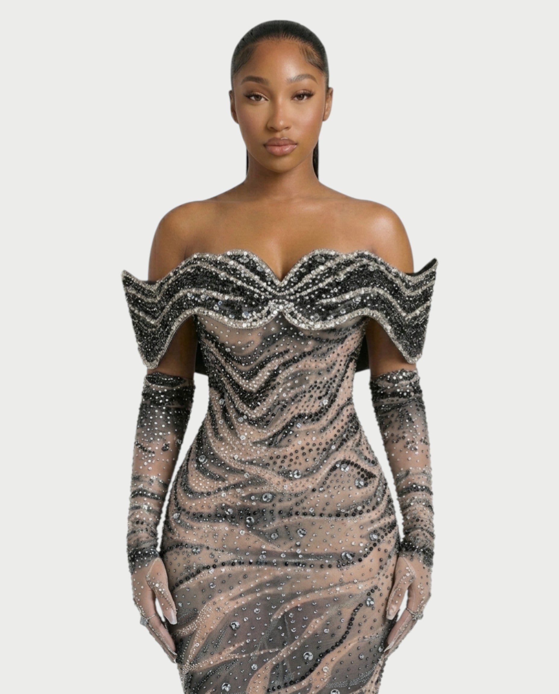 NELKA Rhinestone Off-Shoulder Mesh Maxi Dress