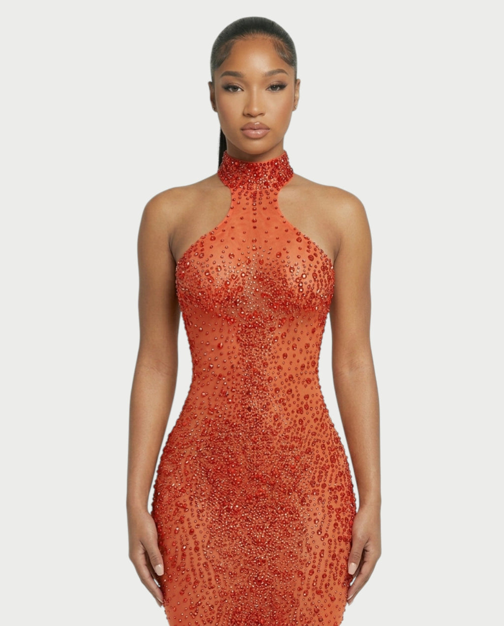 FUERA Rhinestone Mesh Bodycon Maxi Dress