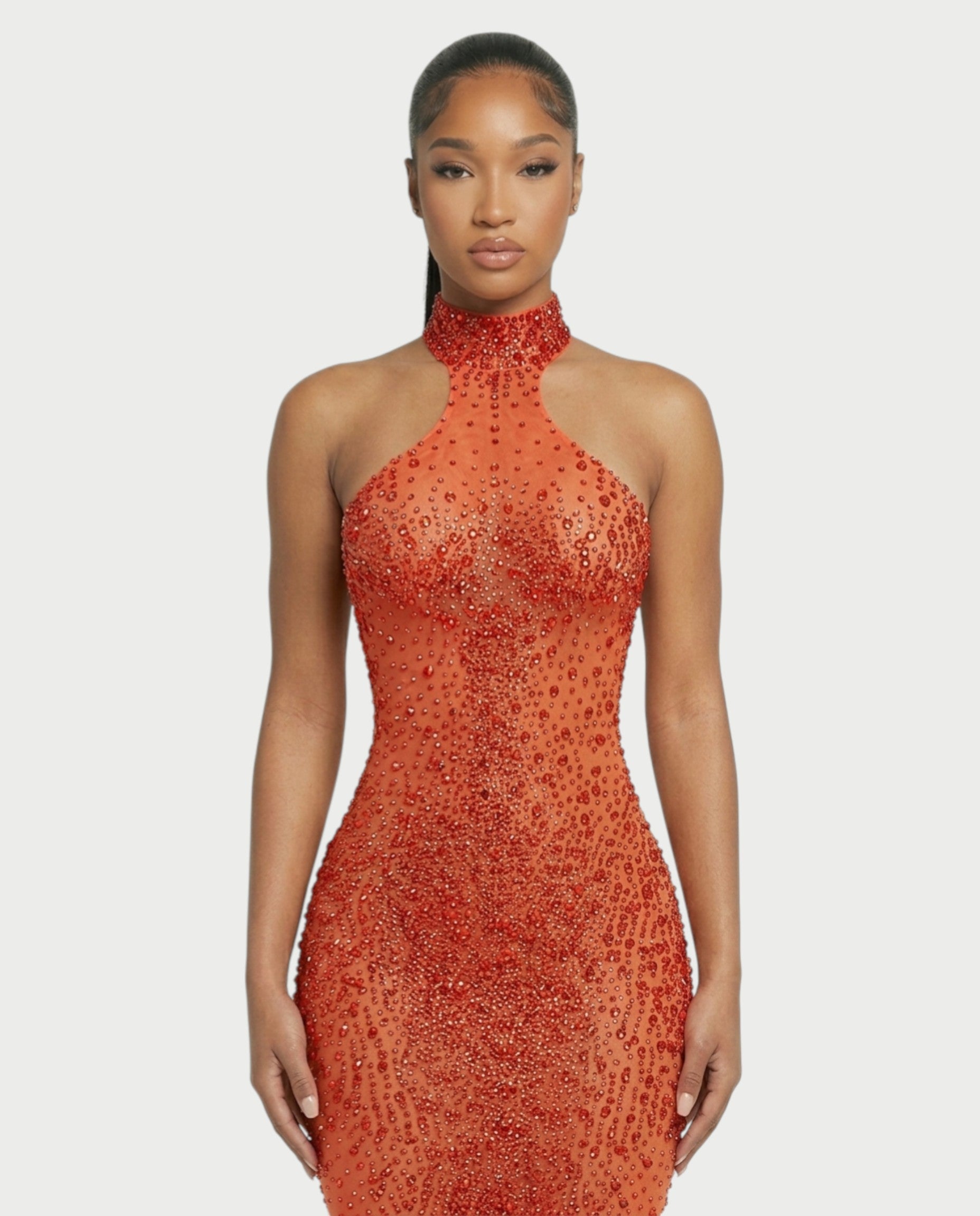 FUERA Rhinestone Mesh Bodycon Maxi Dress