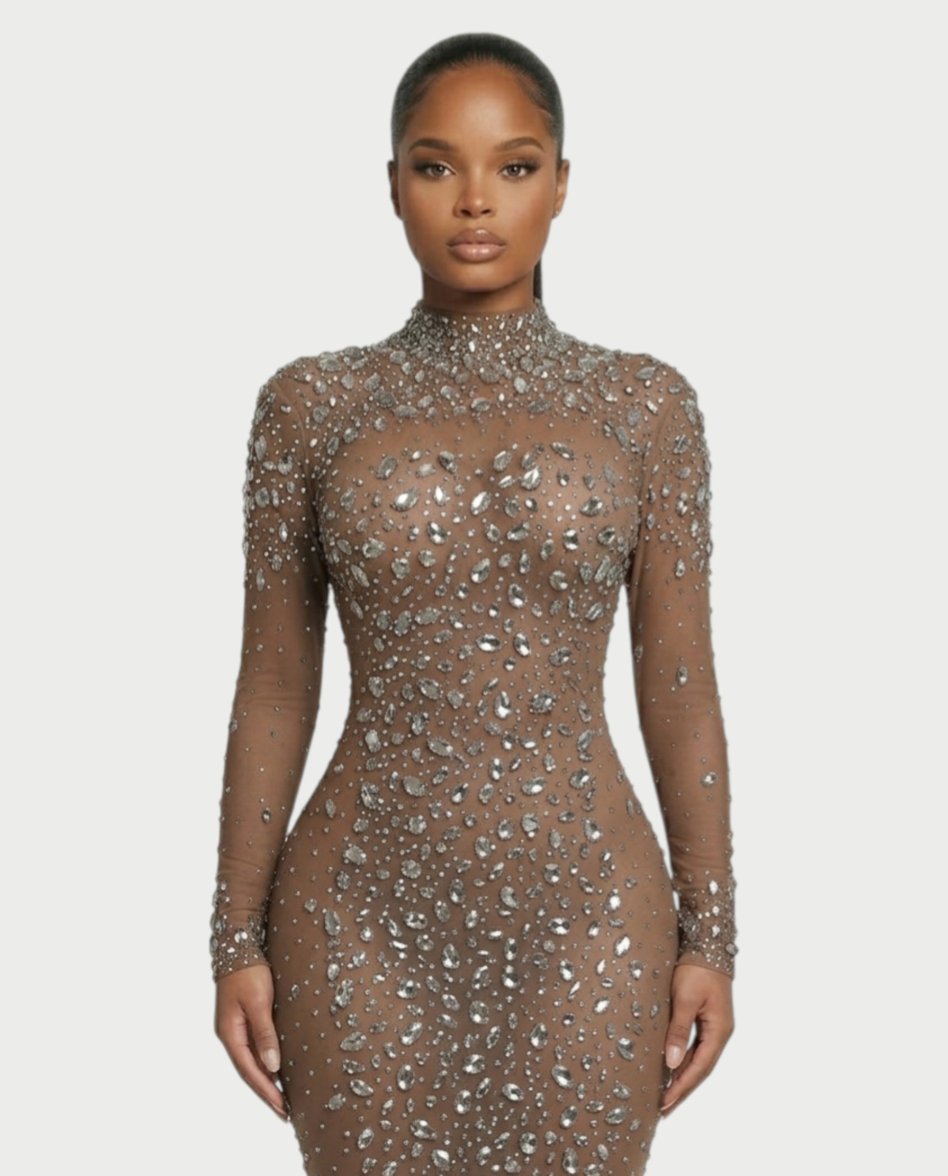 SOSANE Diamond High-Neck Feather Mermaid Maxi Dress