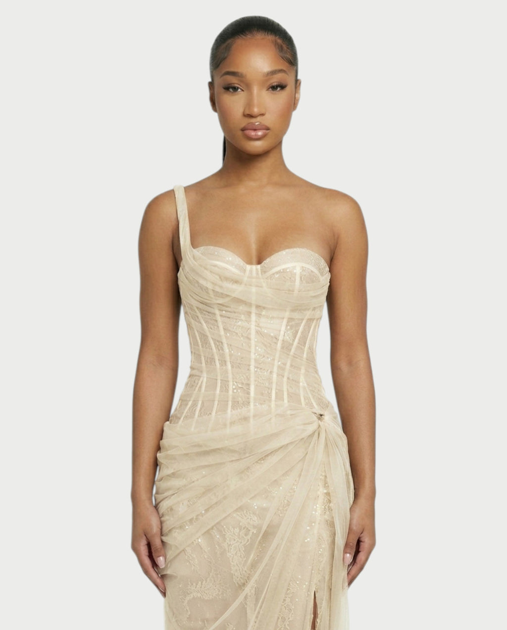 RINA One-Shoulder Lace Corset Maxi Dress
