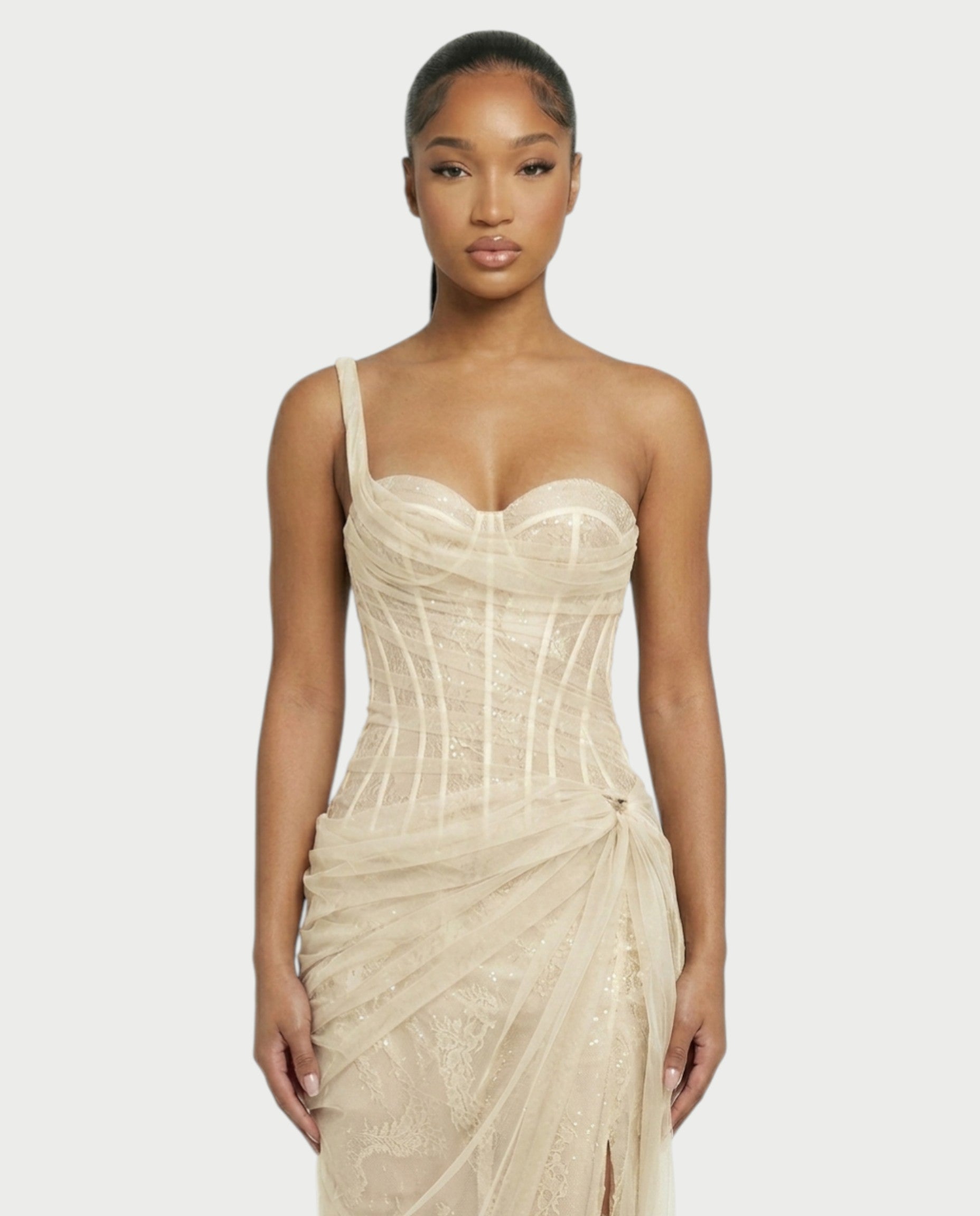 RINA One-Shoulder Lace Corset Maxi Dress