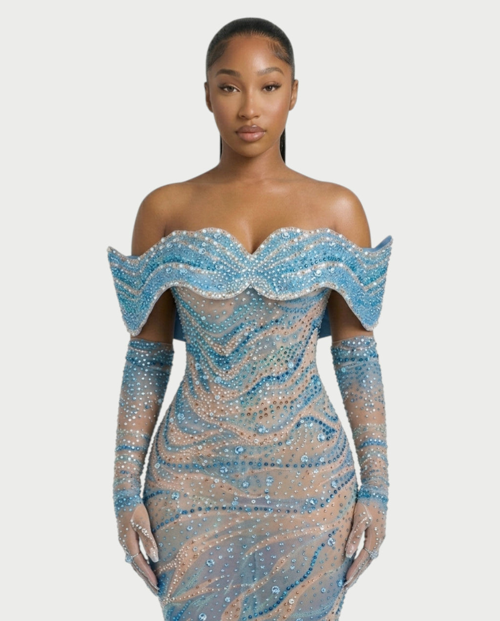 NELKA Rhinestone Off-Shoulder Mesh Maxi Dress