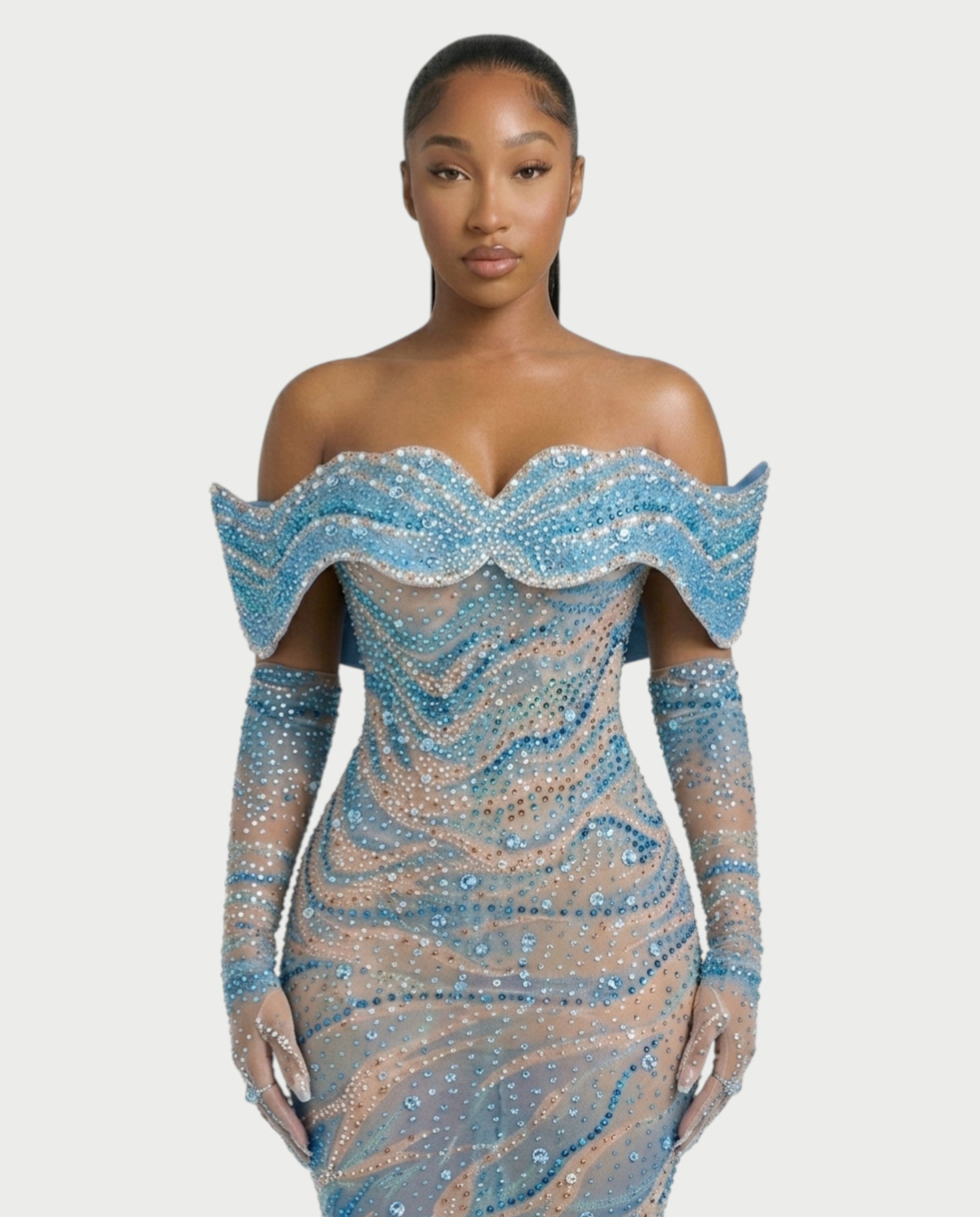 NELKA Rhinestone Off-Shoulder Mesh Maxi Dress