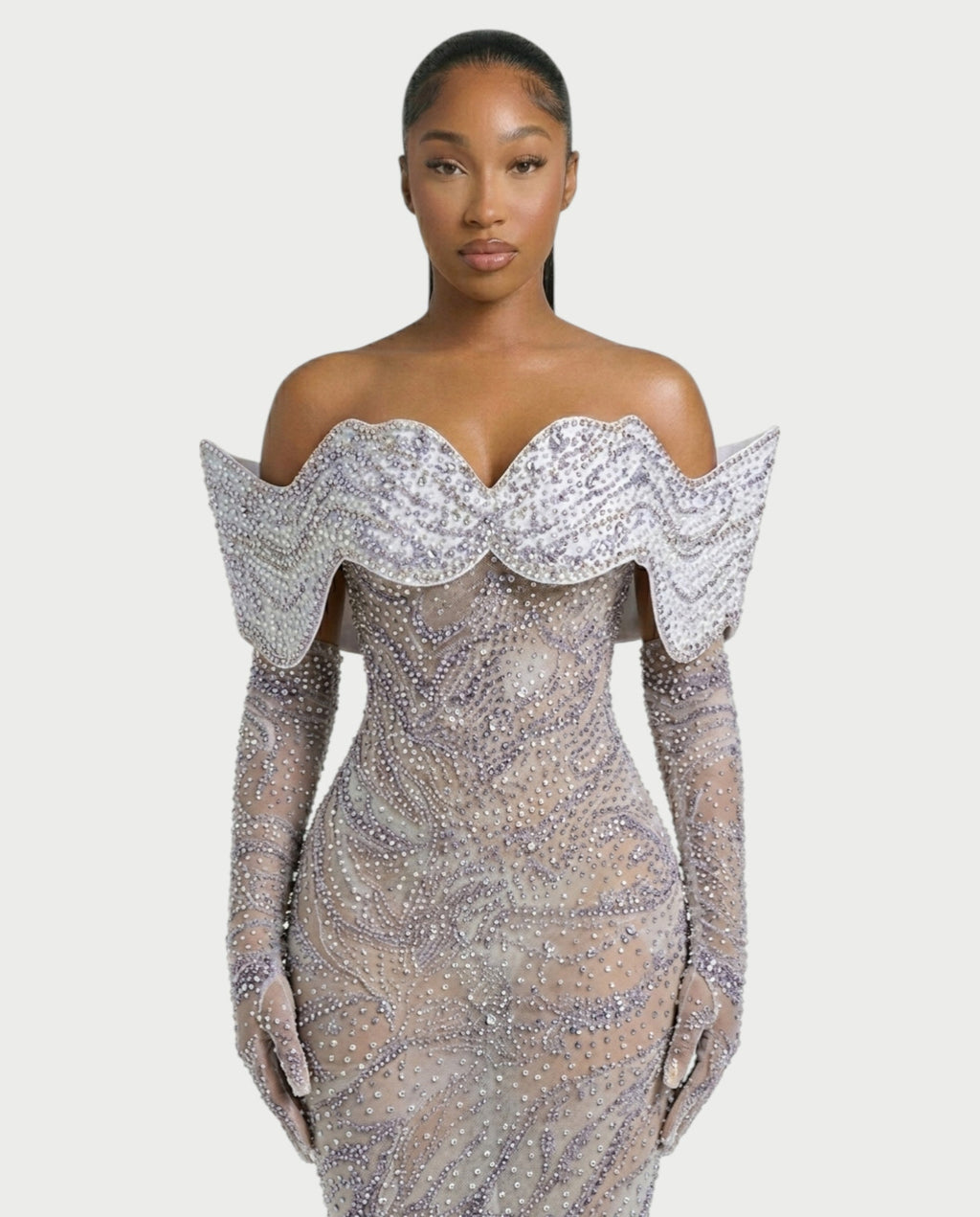 NELKA Rhinestone Off-Shoulder Mesh Maxi Dress