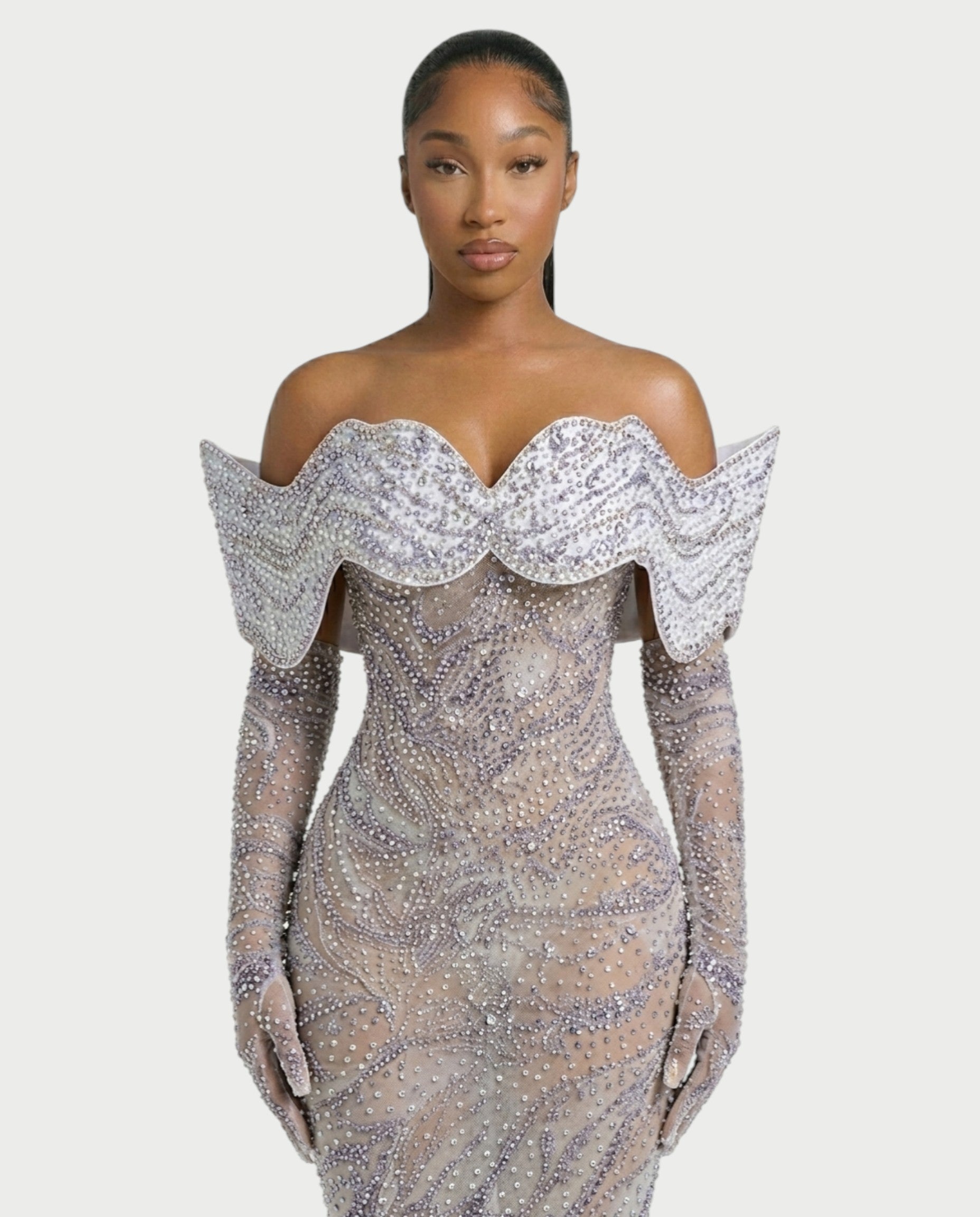 NELKA Rhinestone Off-Shoulder Mesh Maxi Dress