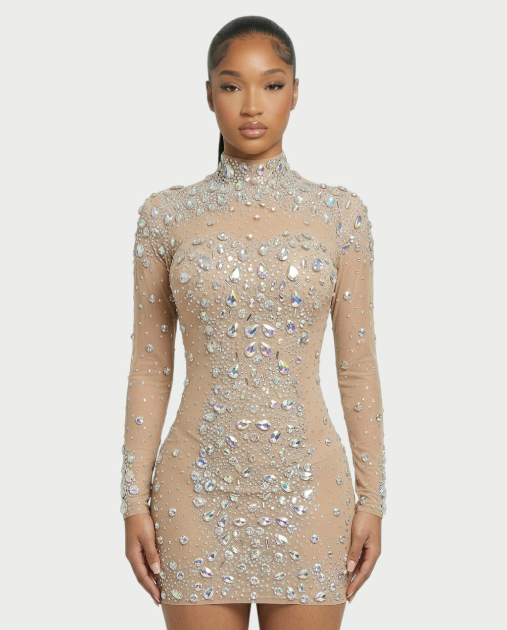 ROLANE Sheer Mesh Rhinestone Embellished Bodycon Mini Dress