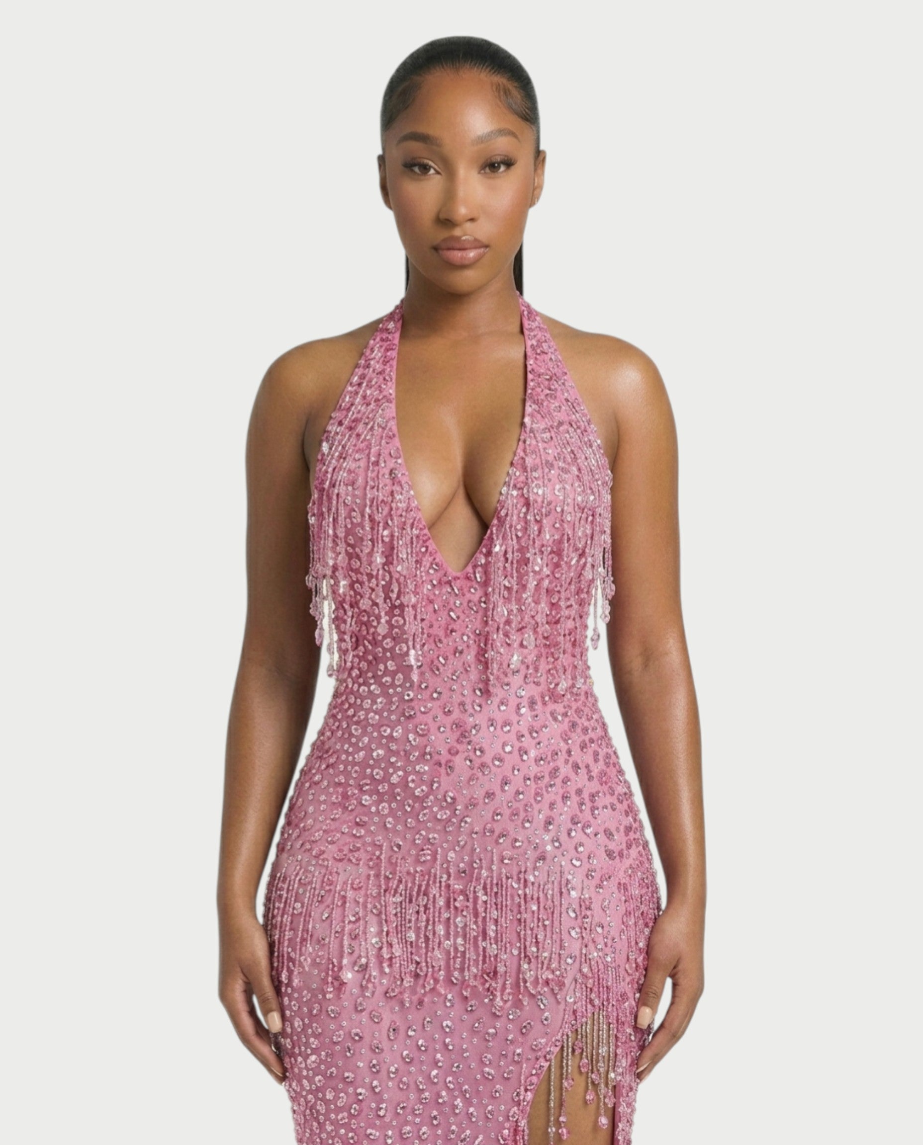 MYRIZ Rhinestone Halter Draped Tassel Maxi Dress