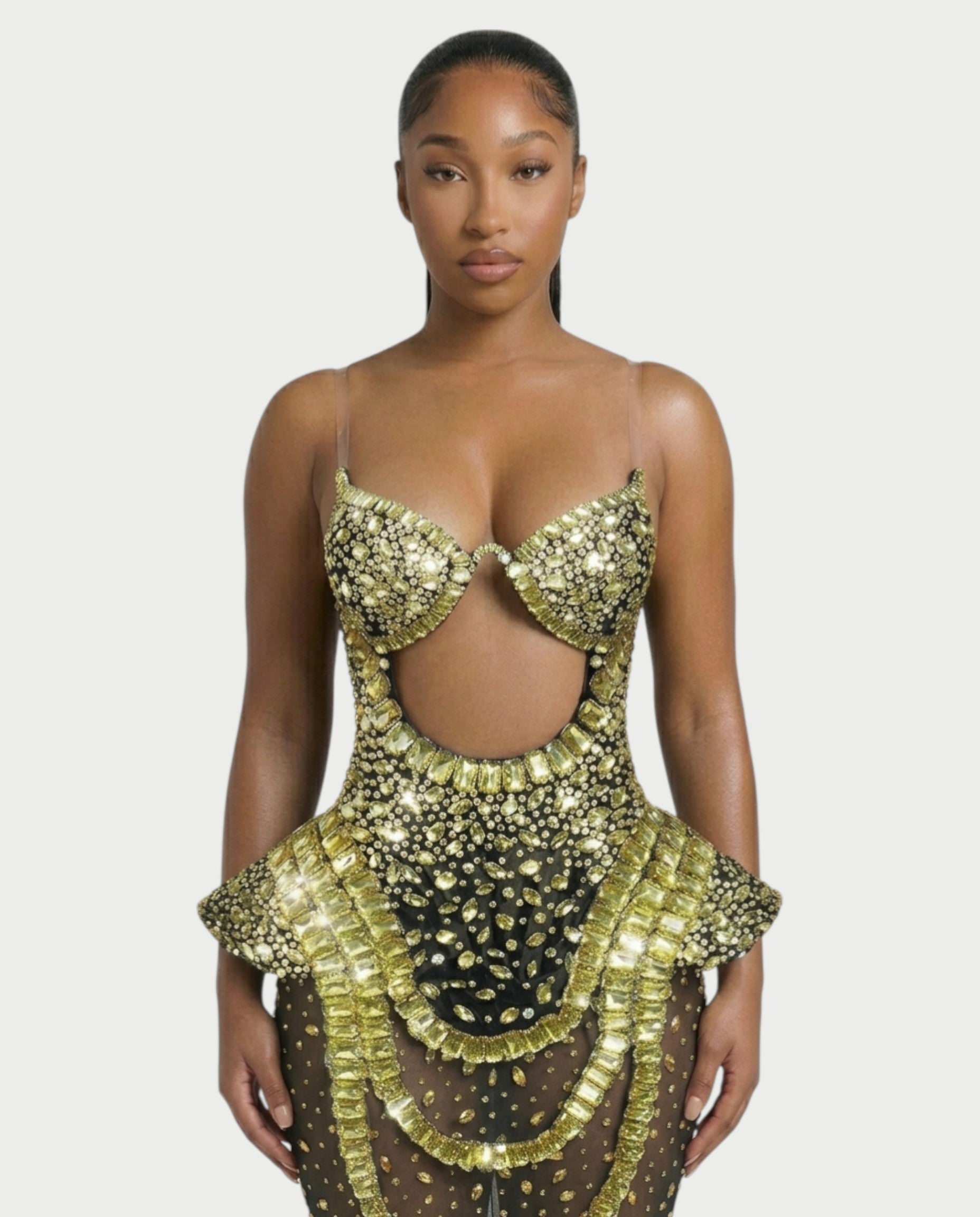 VREYS Crystal Studded Sheer Maxi Dress