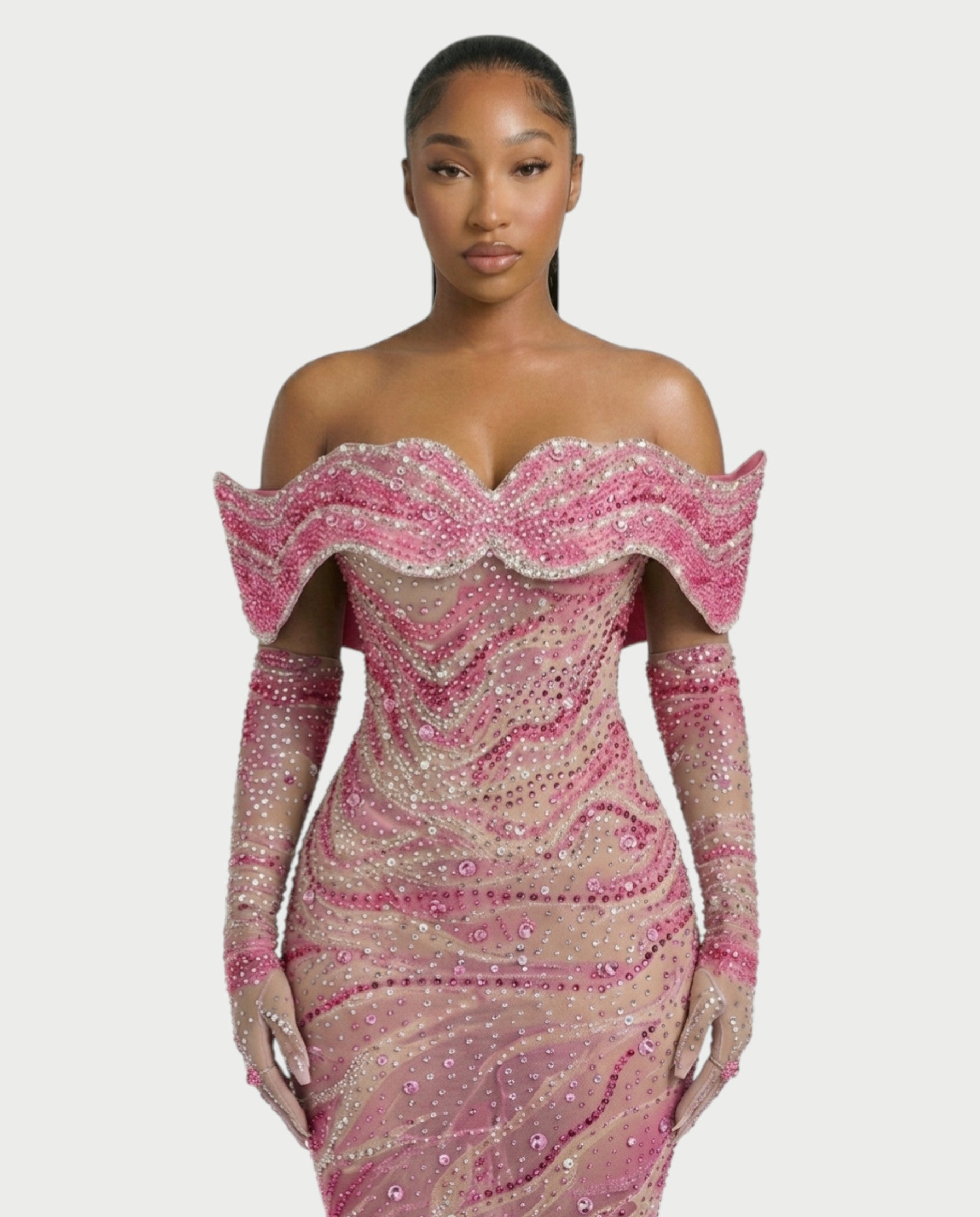 NELKA Rhinestone Off-Shoulder Mesh Maxi Dress