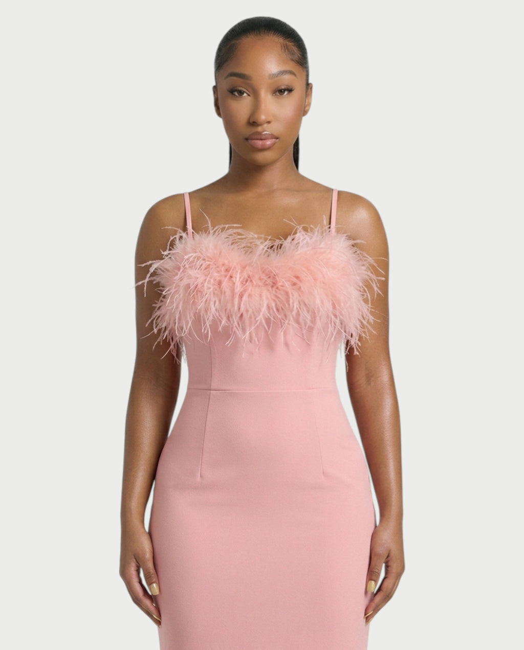 KREYA Feather Trim Bodycon Maxi Dress