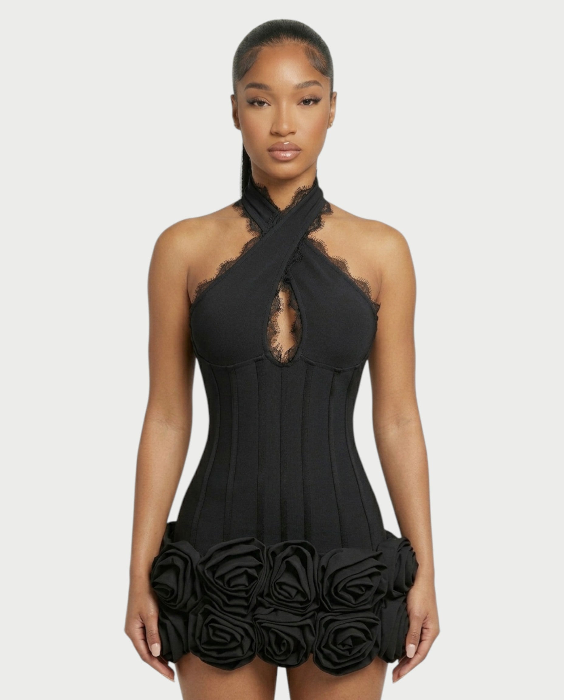 HASELY Rose Appliqué Halter Corset Mini Dress