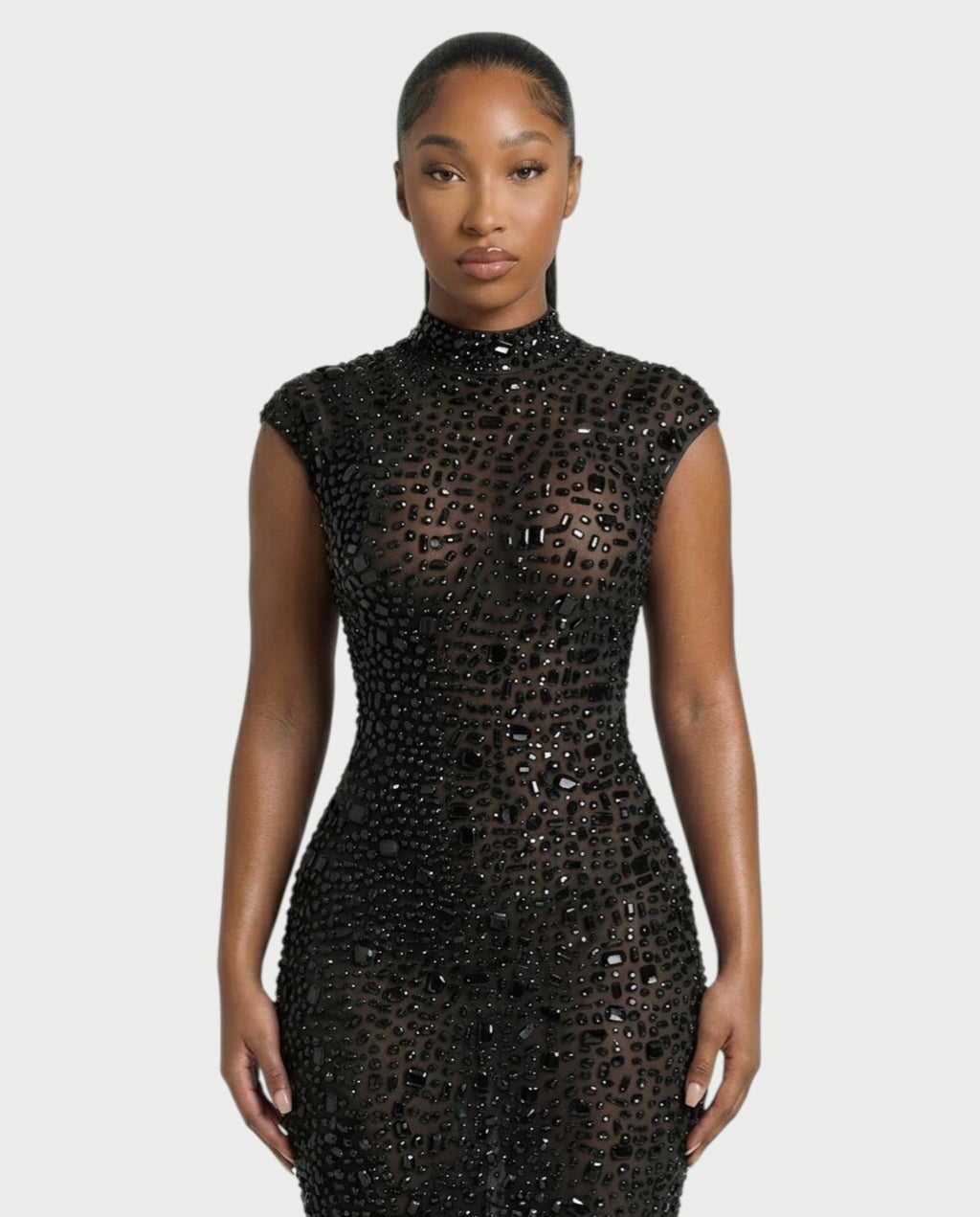 MORIA Crystal High-Neck Bodycon Maxi Dress