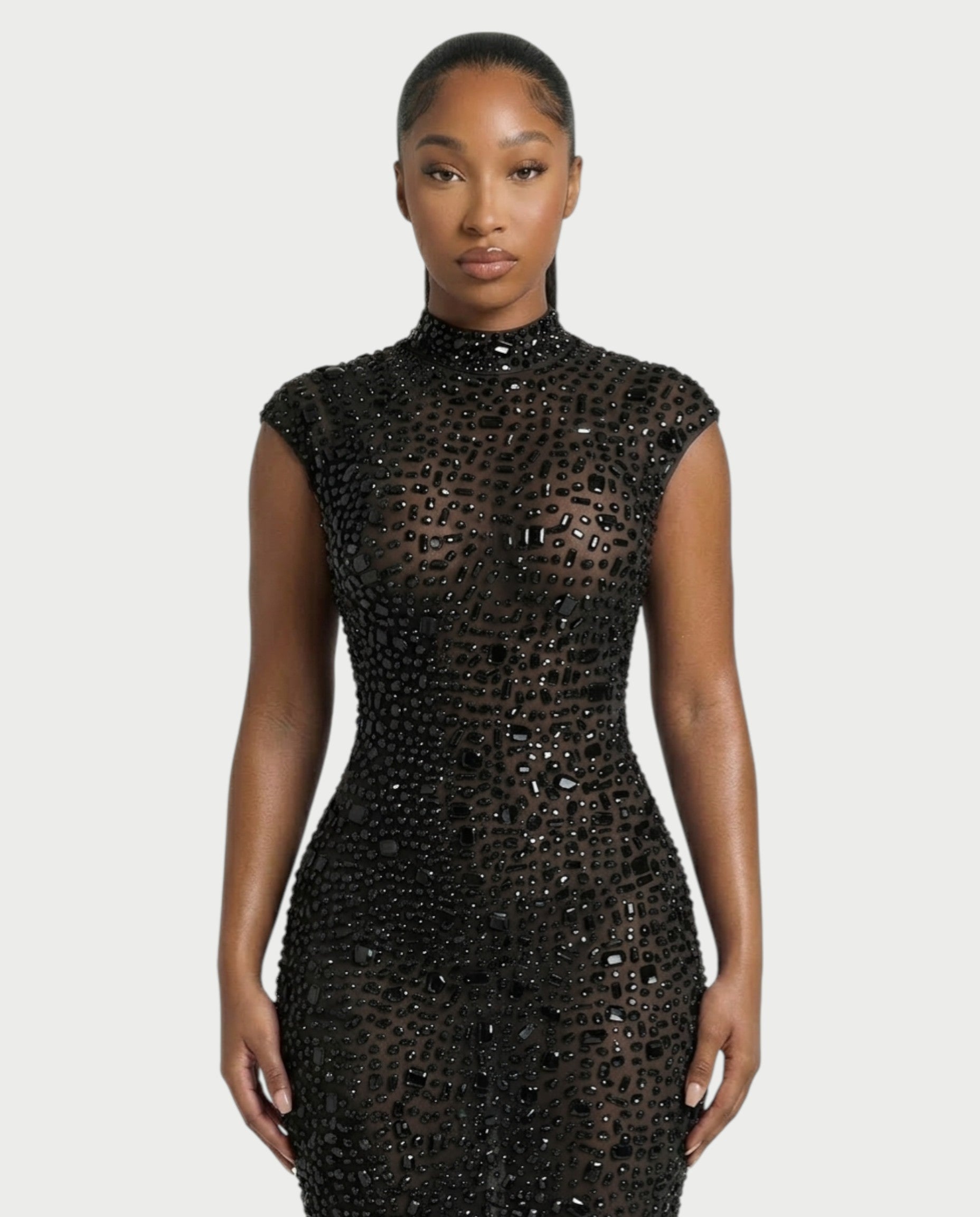 MORIA Crystal High-Neck Bodycon Maxi Dress