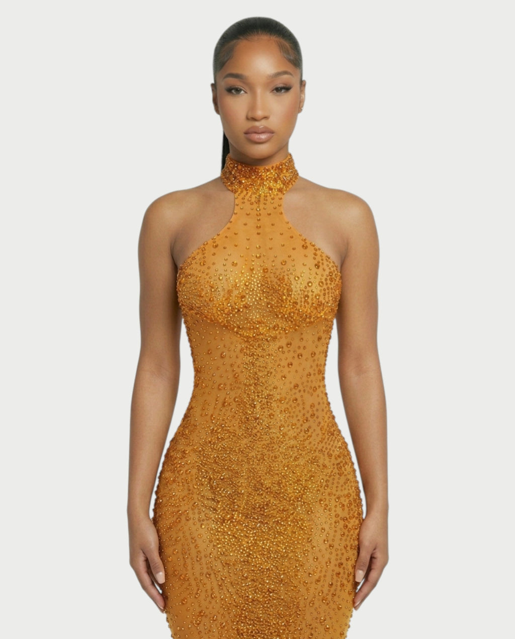 FUERA Rhinestone Mesh Bodycon Maxi Dress