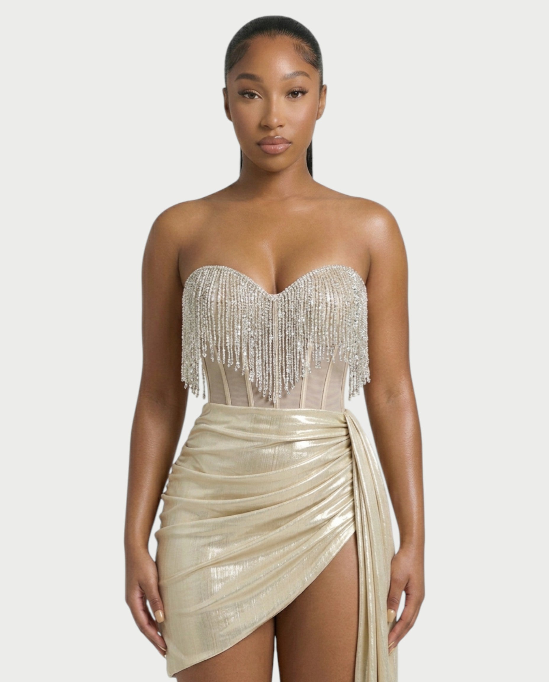 VIRELA Rhinestone Fringe Drape Metallic Mini Dress