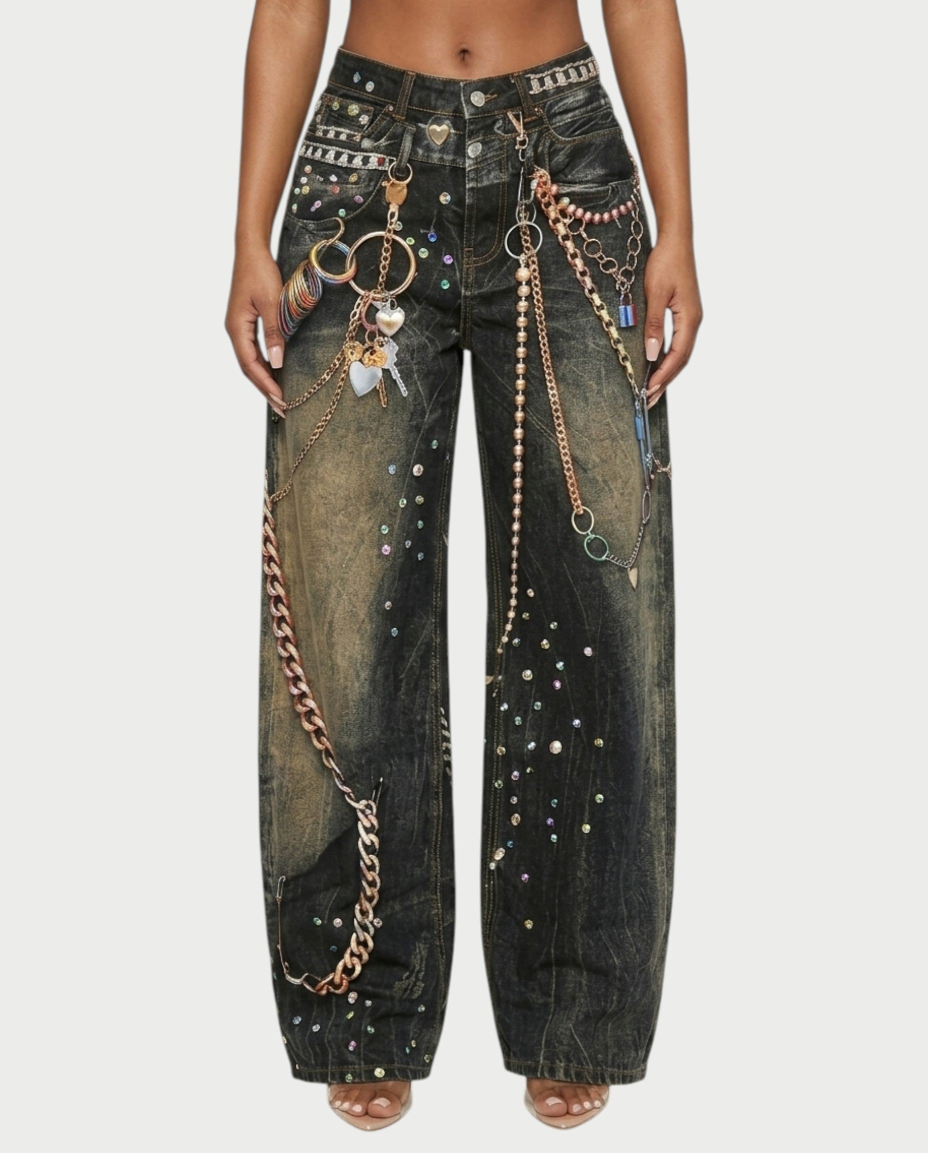 SANZA Vintage Denim Chain Detail Wide-Leg Pants