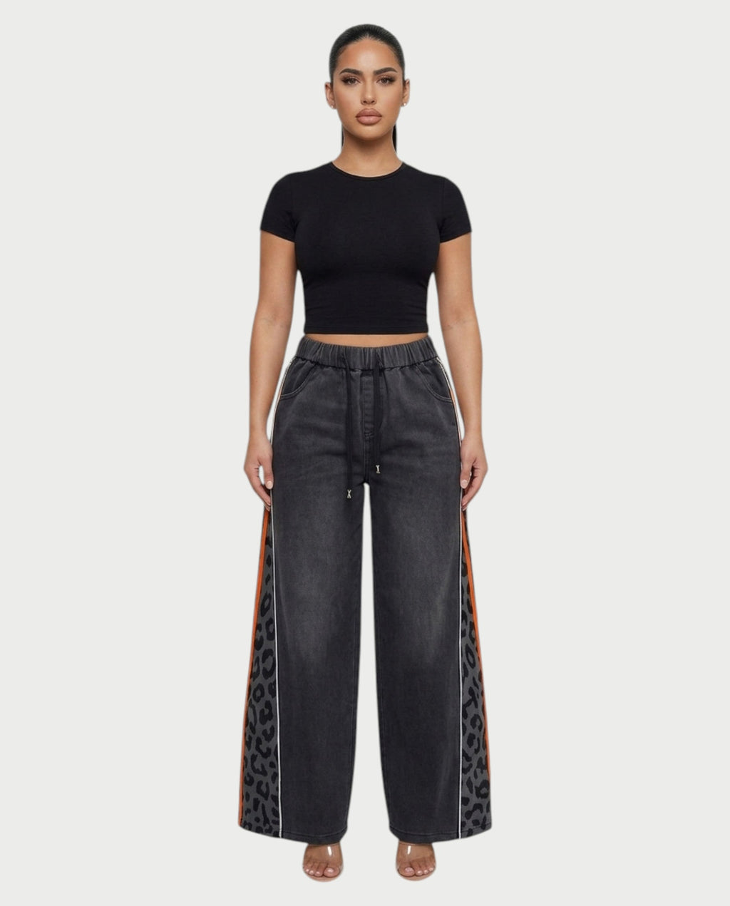 DINES Leopard-Panel Wide-Leg Denim Pants